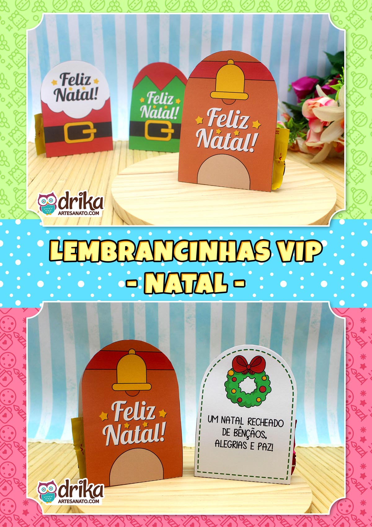 Três porta-bombons de papel, um de rena marrom com sininho e dois de Papai Noel branco e verde, sobre base de madeira