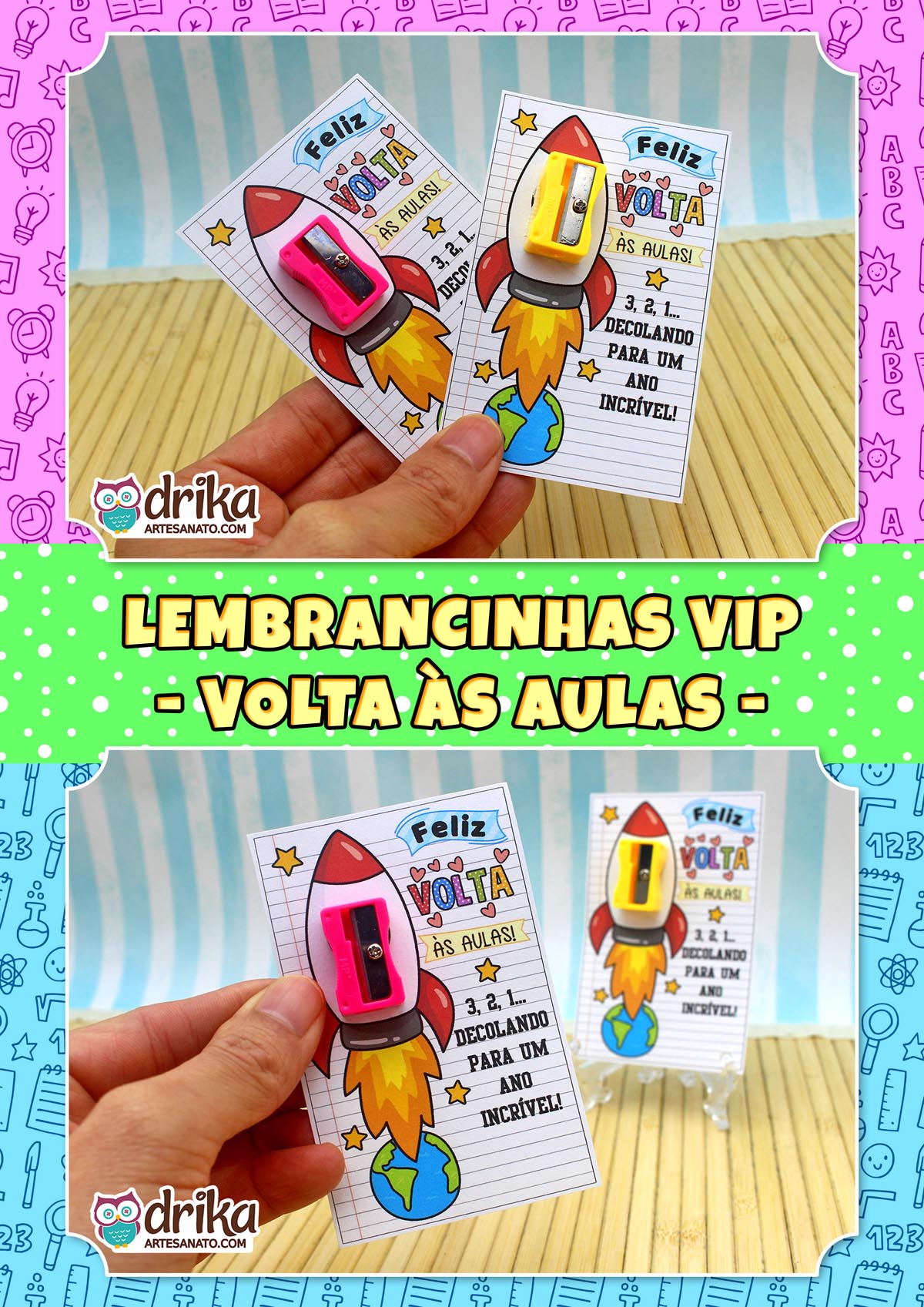 Mão segurando dois cartões porta-apontador de foguete, um rosa e um amarelo, com a mensagem 'Feliz Volta às Aulas'