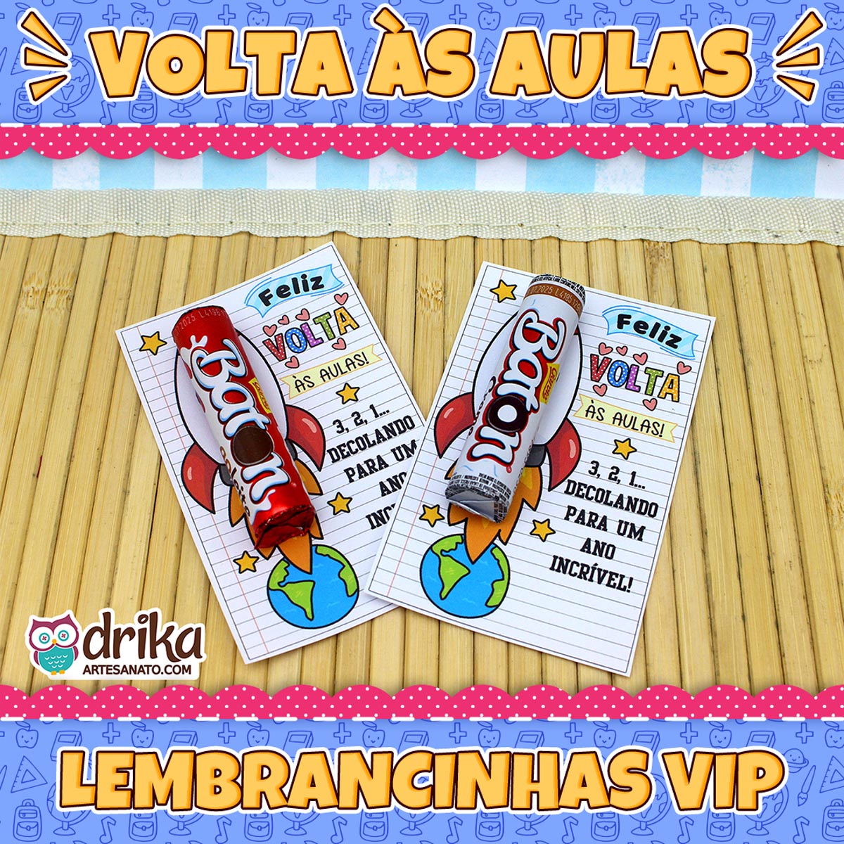 Dois cartões porta-batom com foguetes coloridos decolando da Terra, cada um com um chocolate batom e estrelas