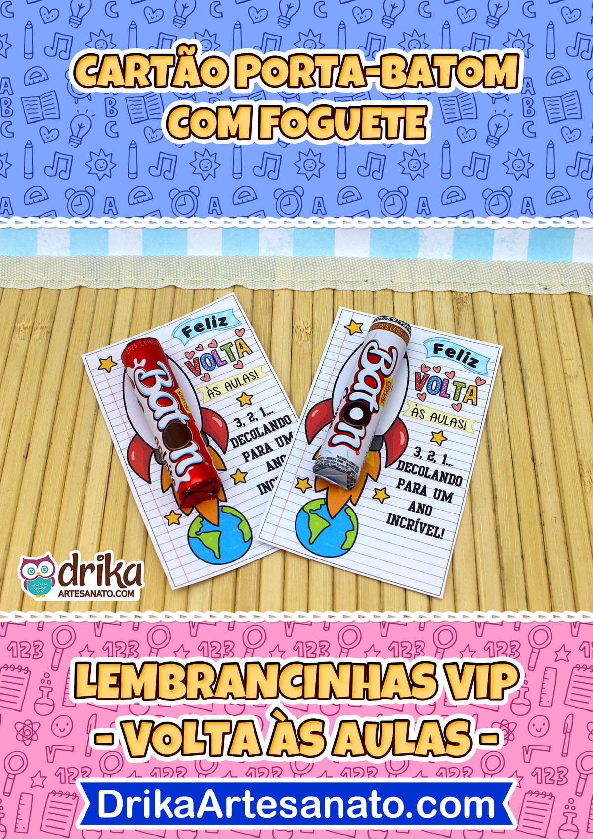 Dois cartões porta-batom com foguetes coloridos decolando da Terra, cada um com um chocolate batom e estrelas