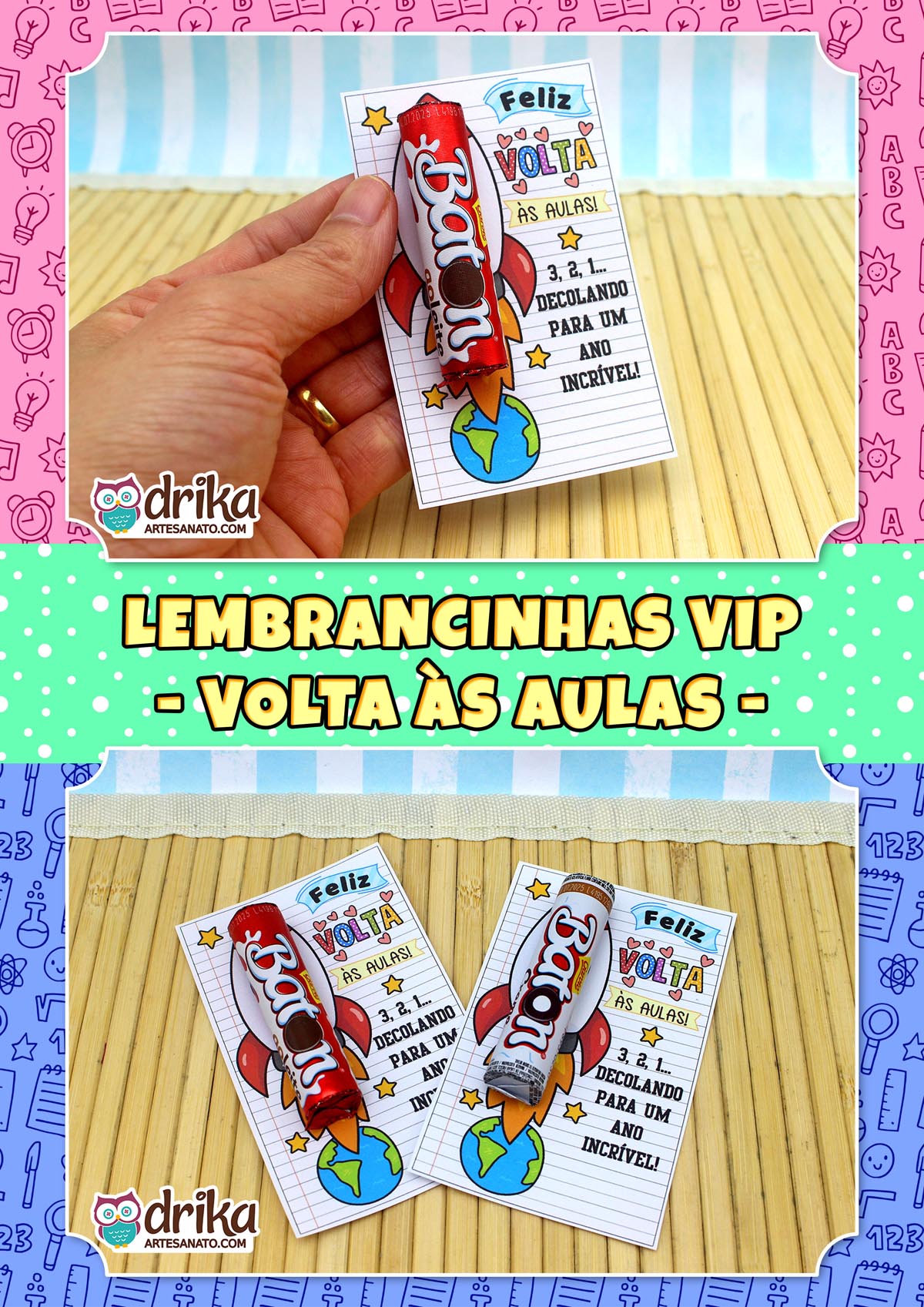 Mão segurando um cartão porta-batom com foguete vermelho, chocolate batom e a frase "Decolando para um ano incrível"