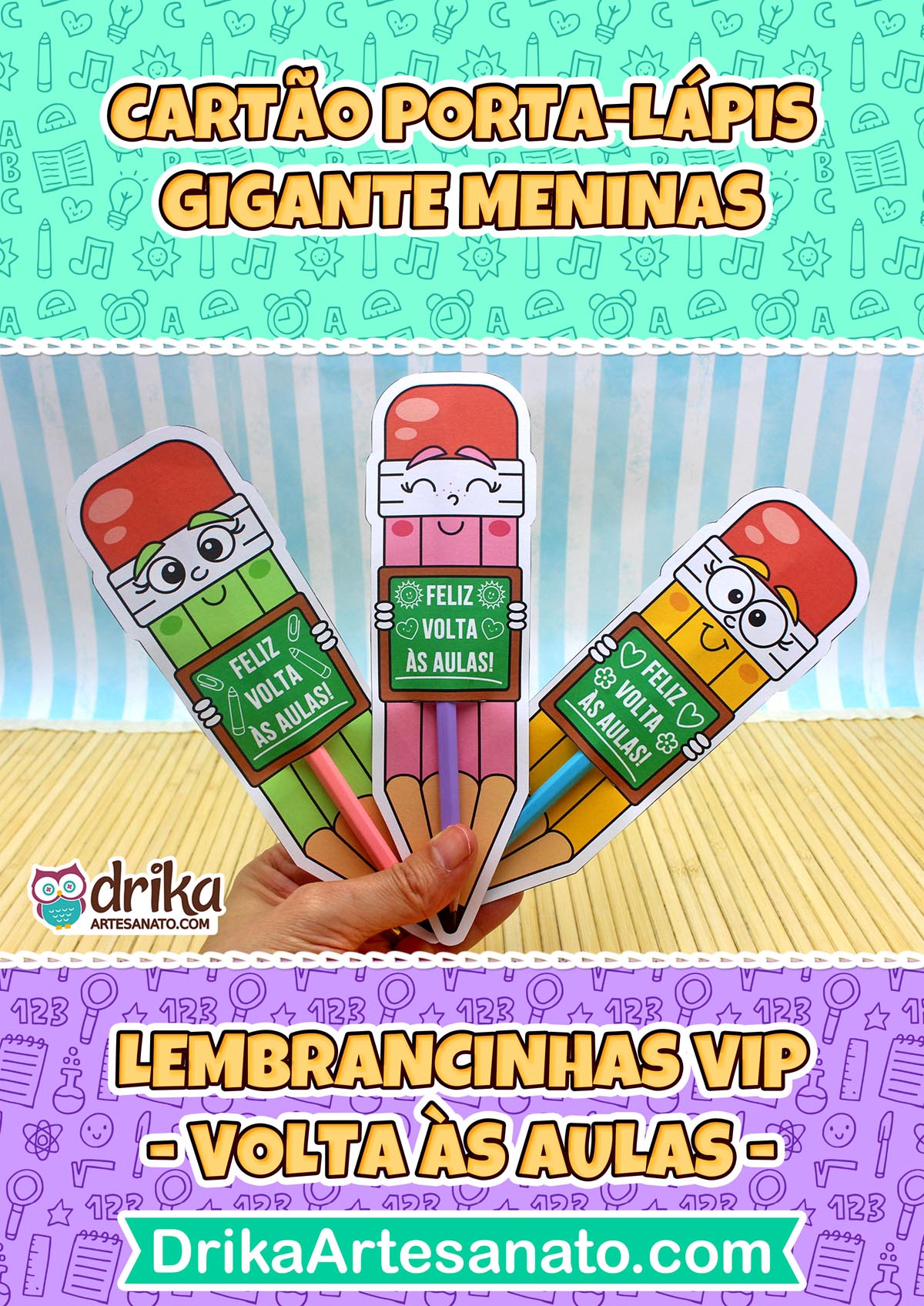 Mão segurando um cartão porta-lápis gigante amarelo de menina com lápis azul, ao lado de outros modelos