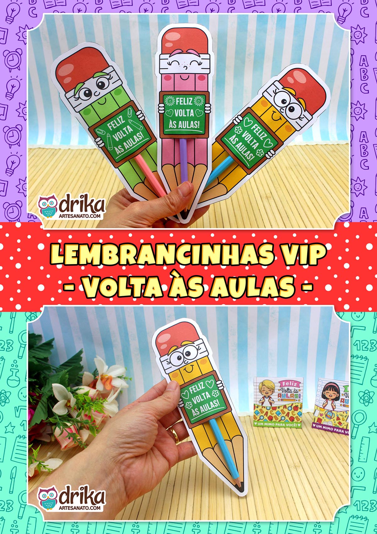 Mão segurando três cartões porta-lápis gigantes de meninas, nas cores verde, rosa e amarelo, com lápis de verdade