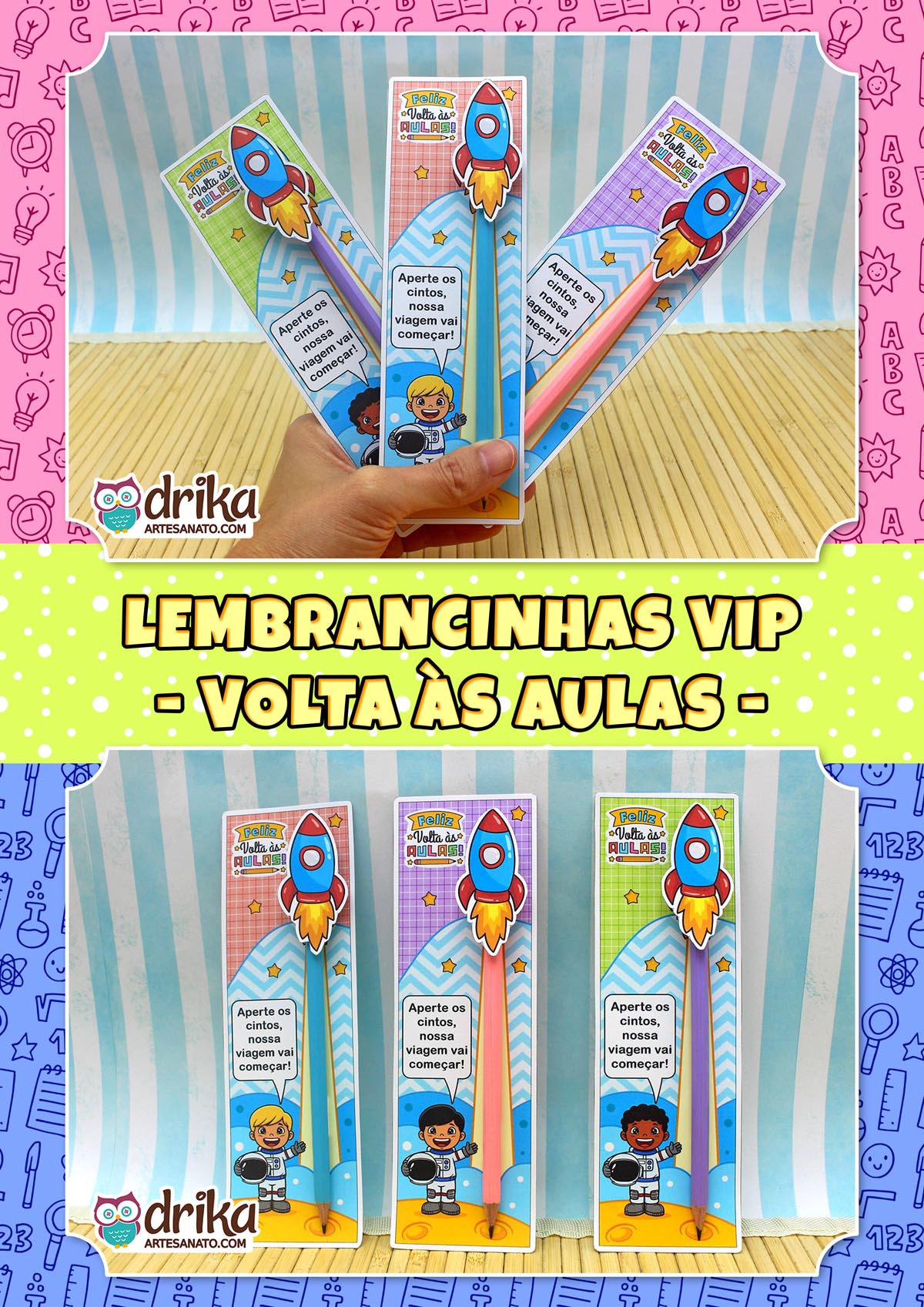 Mão segurando três cartões porta-lápis de astronautas meninos com foguetes 3D. Banner "LEMBRANCINHAS VIP - VOLTA ÀS AULAS -"