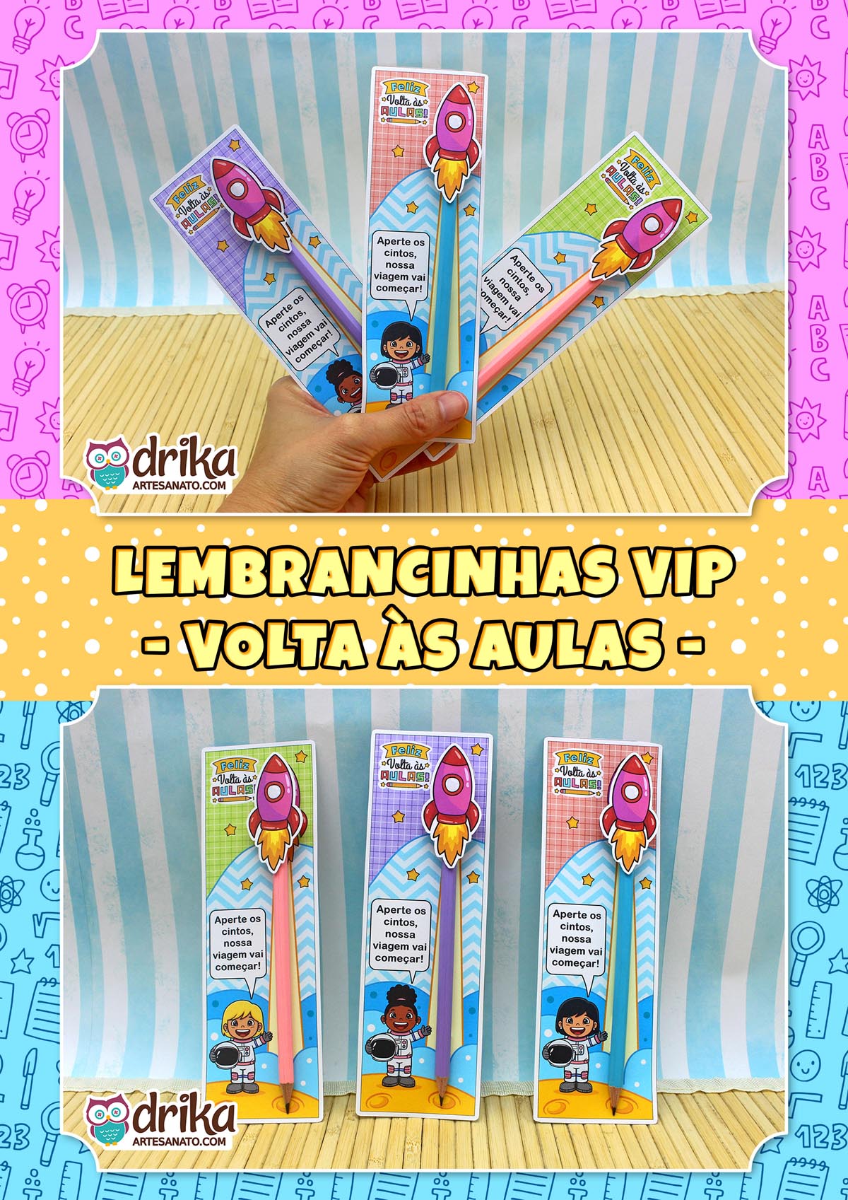 Quatro cartões porta-lápis de astronautas meninas com lápis coloridos e foguetes 3D, sobre superfície de bambu.