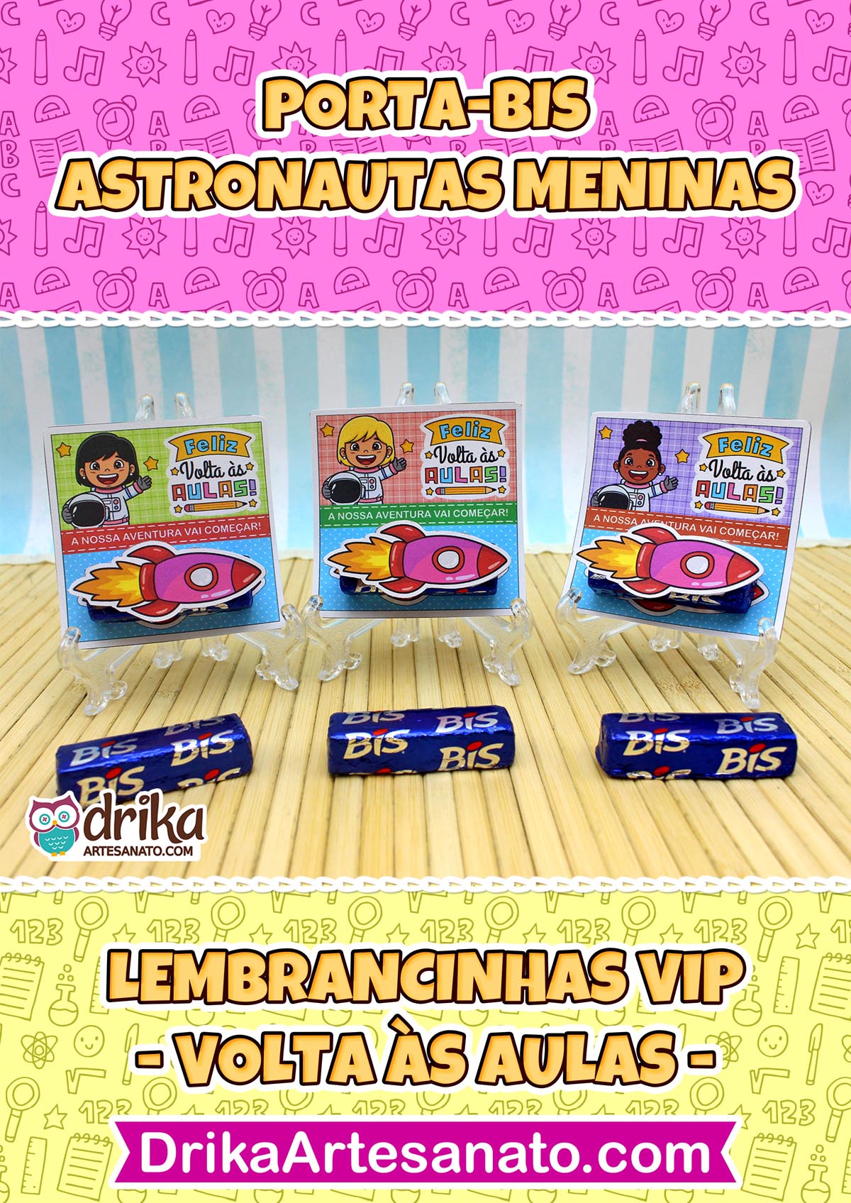 Três cartões porta-bis com meninas astronautas e foguetes 3D, bis de chocolate, com títulos "Porta-Bis Astronautas Meninas"