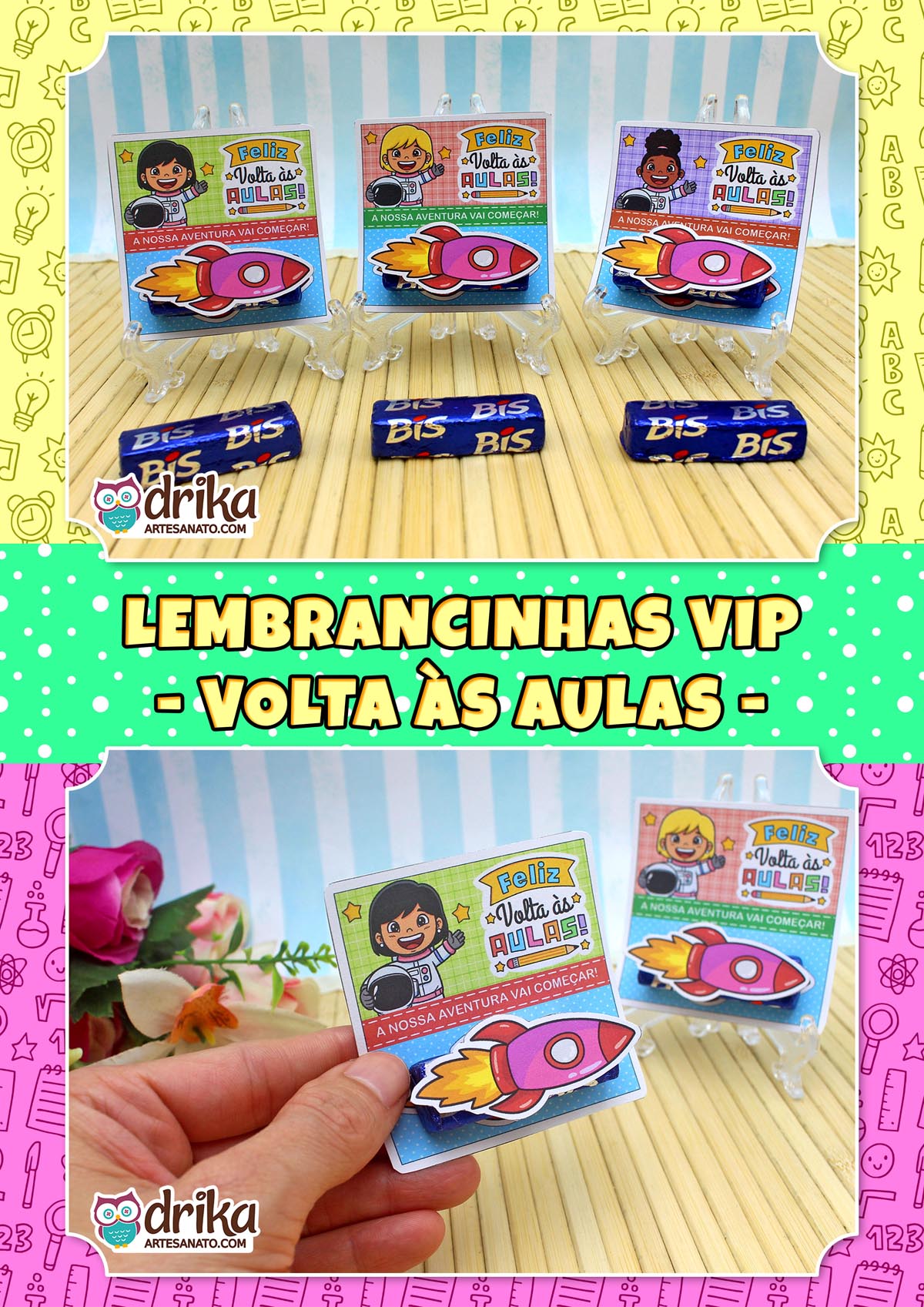 Três cartões porta-bis com meninas astronautas e foguetes 3D, bis de chocolate, e uma mão mostrando o detalhe do foguete