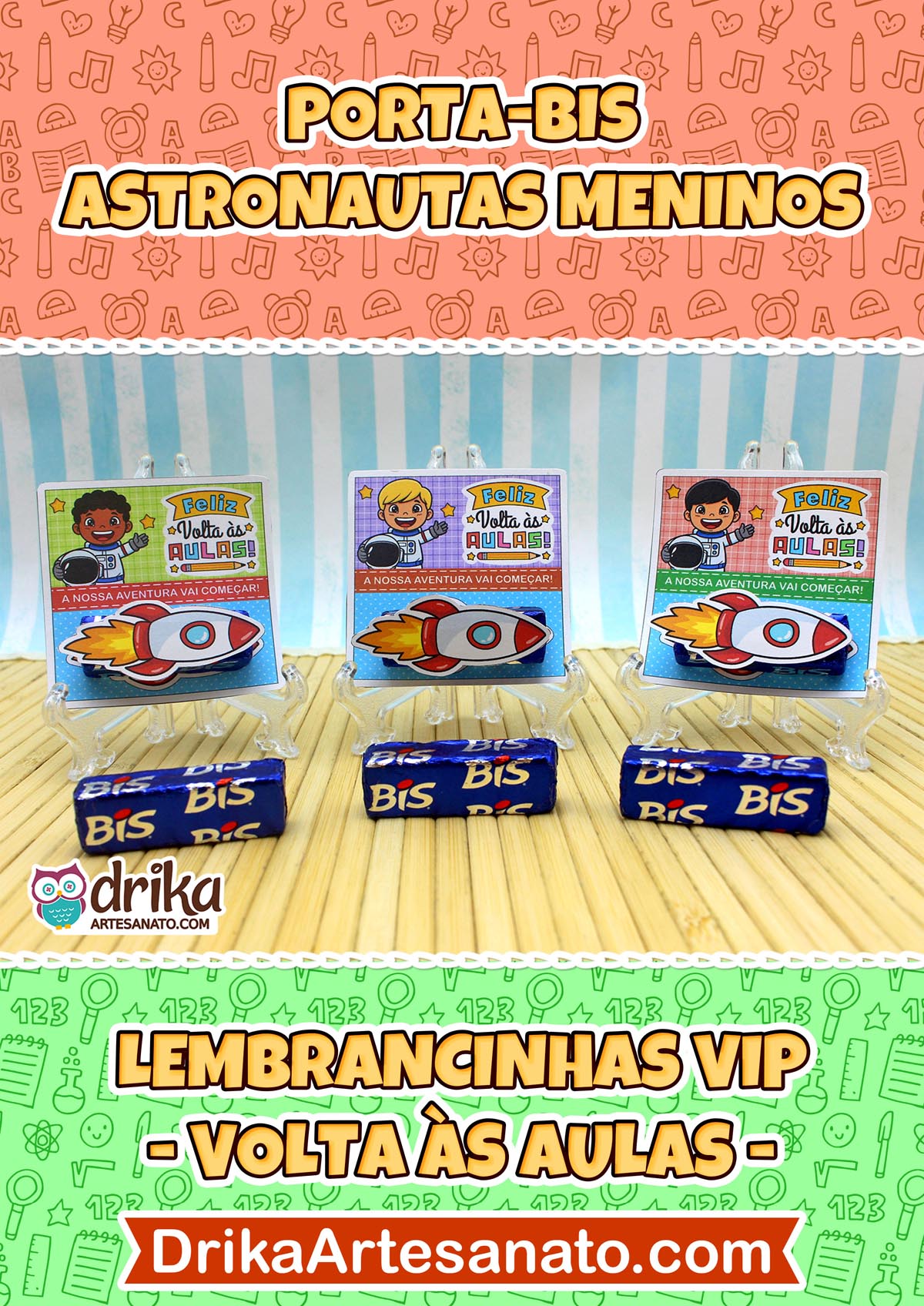 Três cartões porta-bis de astronautas meninos com Bis, exibindo "Porta-bis Astronautas Meninos" e "Lembrancinhas VIP"
