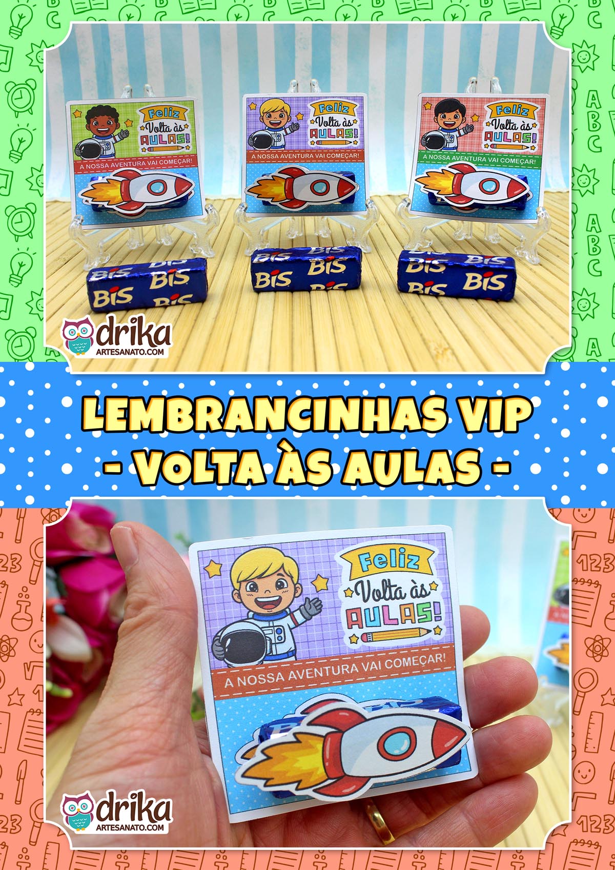 Mão segurando um cartão porta-bis de astronauta menino loiro com foguete 3D, sobre fundo de doodles escolares