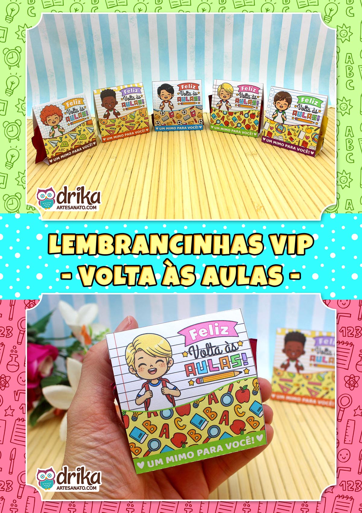 Cinco porta-bombons de papel com ilustrações de meninos fofos, tema escolar e frase 'Feliz Volta às Aulas' em mesa clara