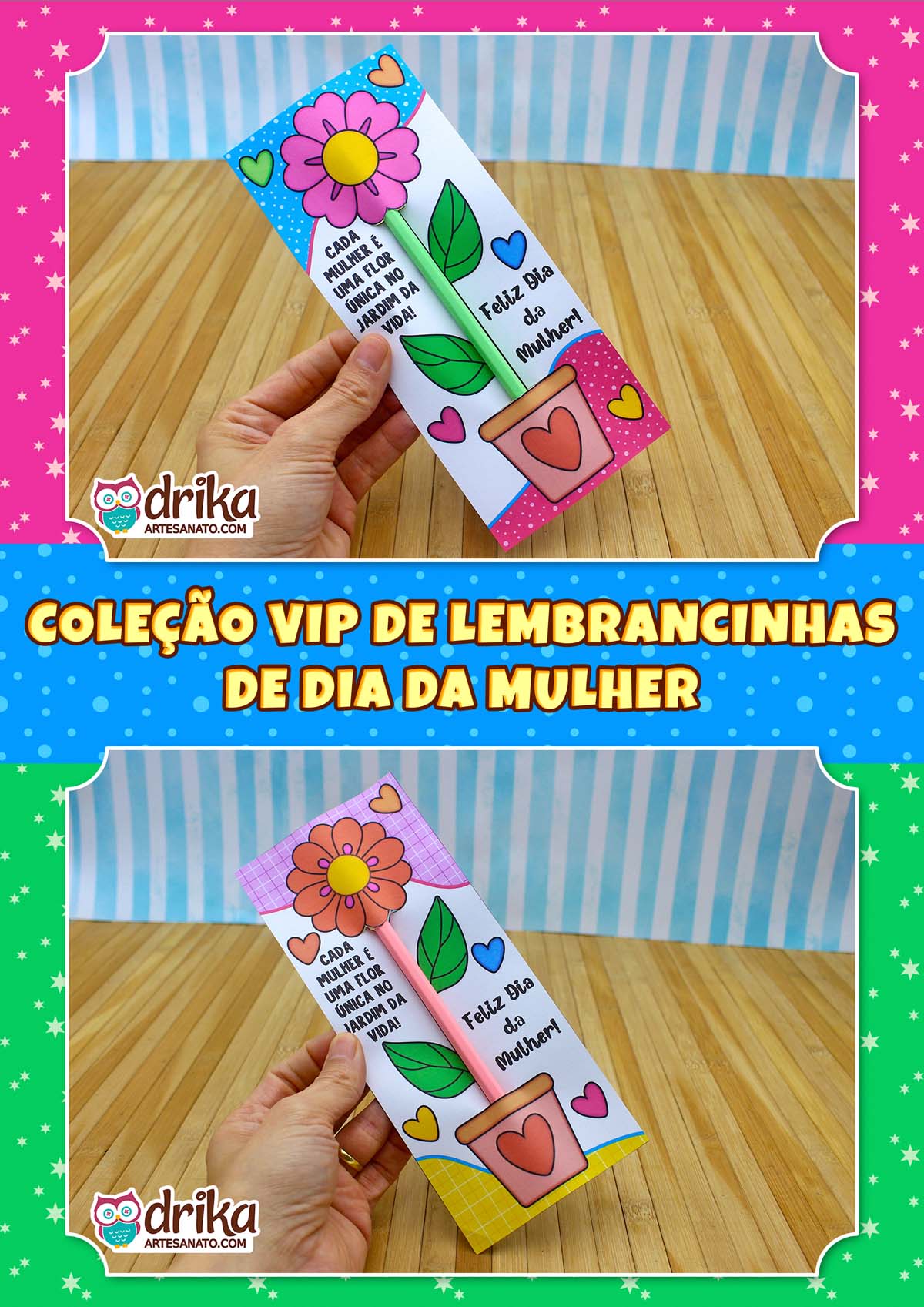 Mão segurando um cartão porta-lápis com flor rosa e lápis verde, com outro cartão visível abaixo