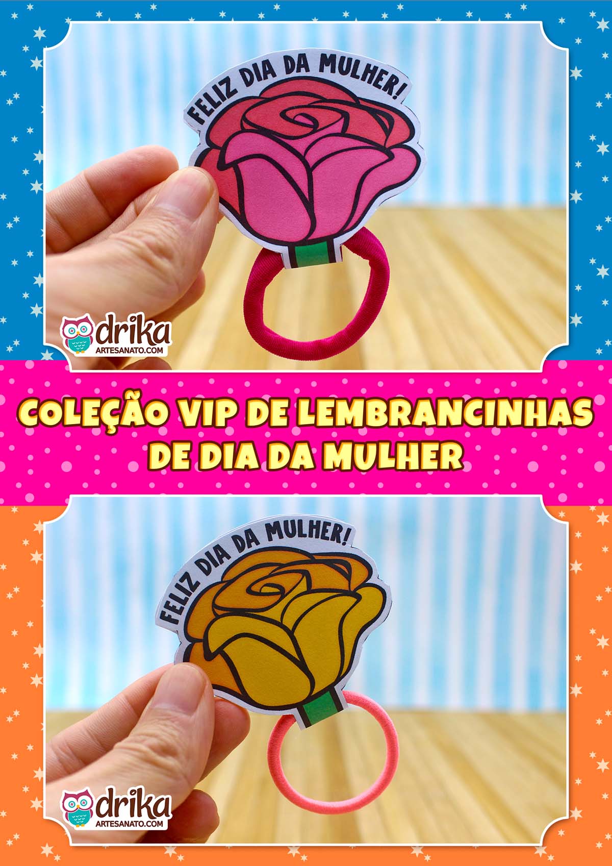 Duas mãos segurando rosas porta xuxinha de papel, uma rosa e outra amarela, com elásticos pink