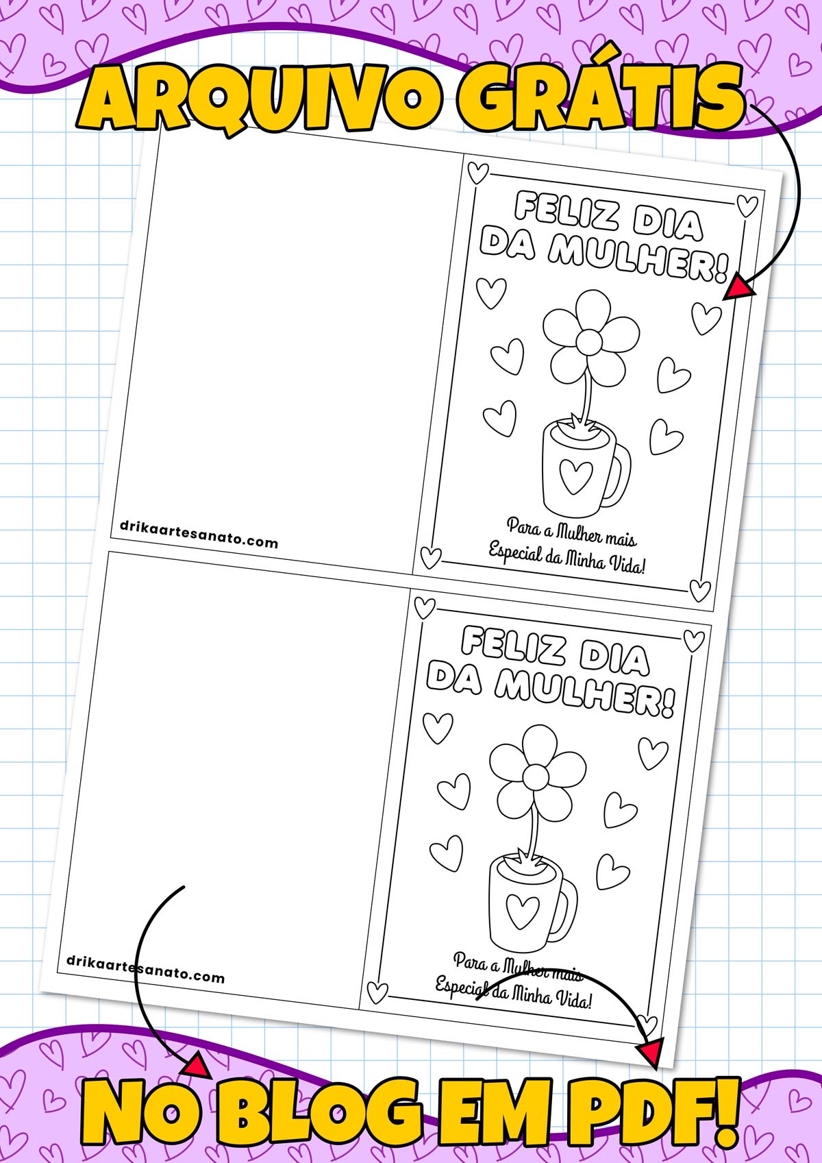 Folha A4 com dois moldes de cartão de Dia da Mulher para colorir, com flor na caneca e corações, prontos para imprimir