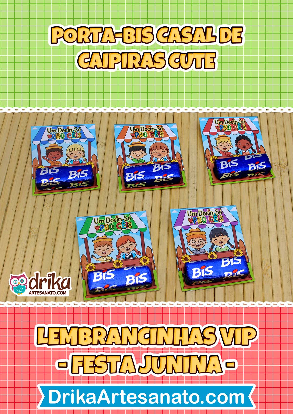 Banner promocional com cinco modelos de porta-bis caipiras fofos, cada um com casal de crianças e chocolates Bis azuis