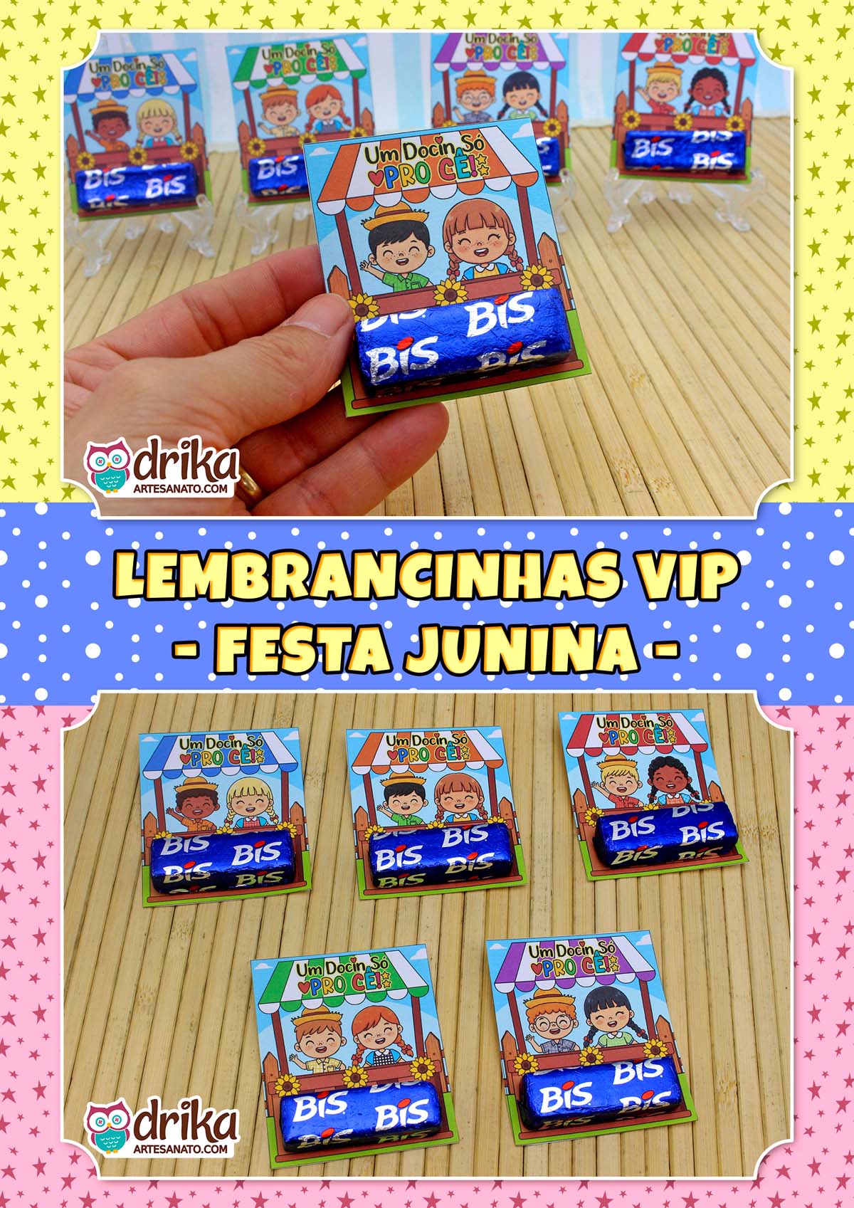 Mão segurando porta-bis caipira, faixa azul "LEMBRANCINHAS VIP - FESTA JUNINA", e cinco porta-bis caipiras cute