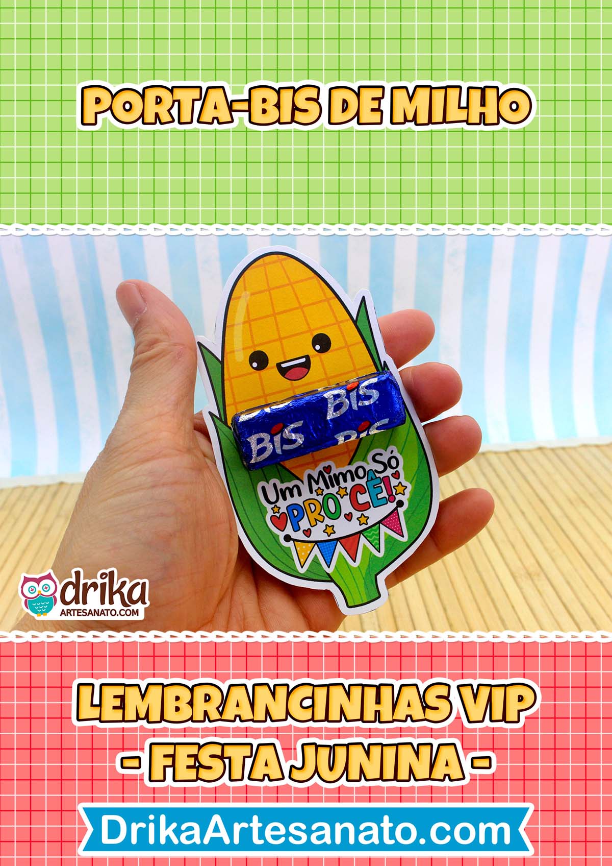 Mão segurando porta-bis de milho amarelo com carinha kawaii e chocolate Bis azul, em fundo de estrelas
