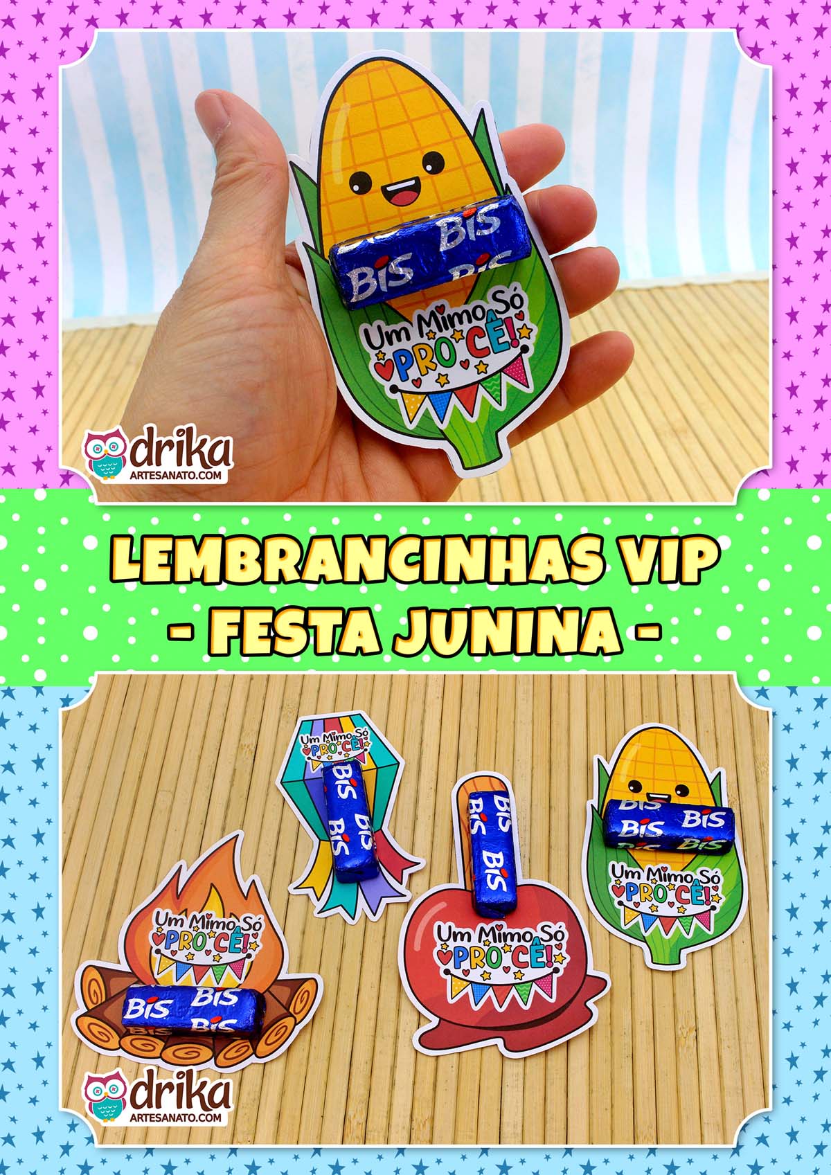 Montagem com mão segurando porta-bis de milho e quatro modelos diferentes de porta-bis juninos em fundo de estrelas