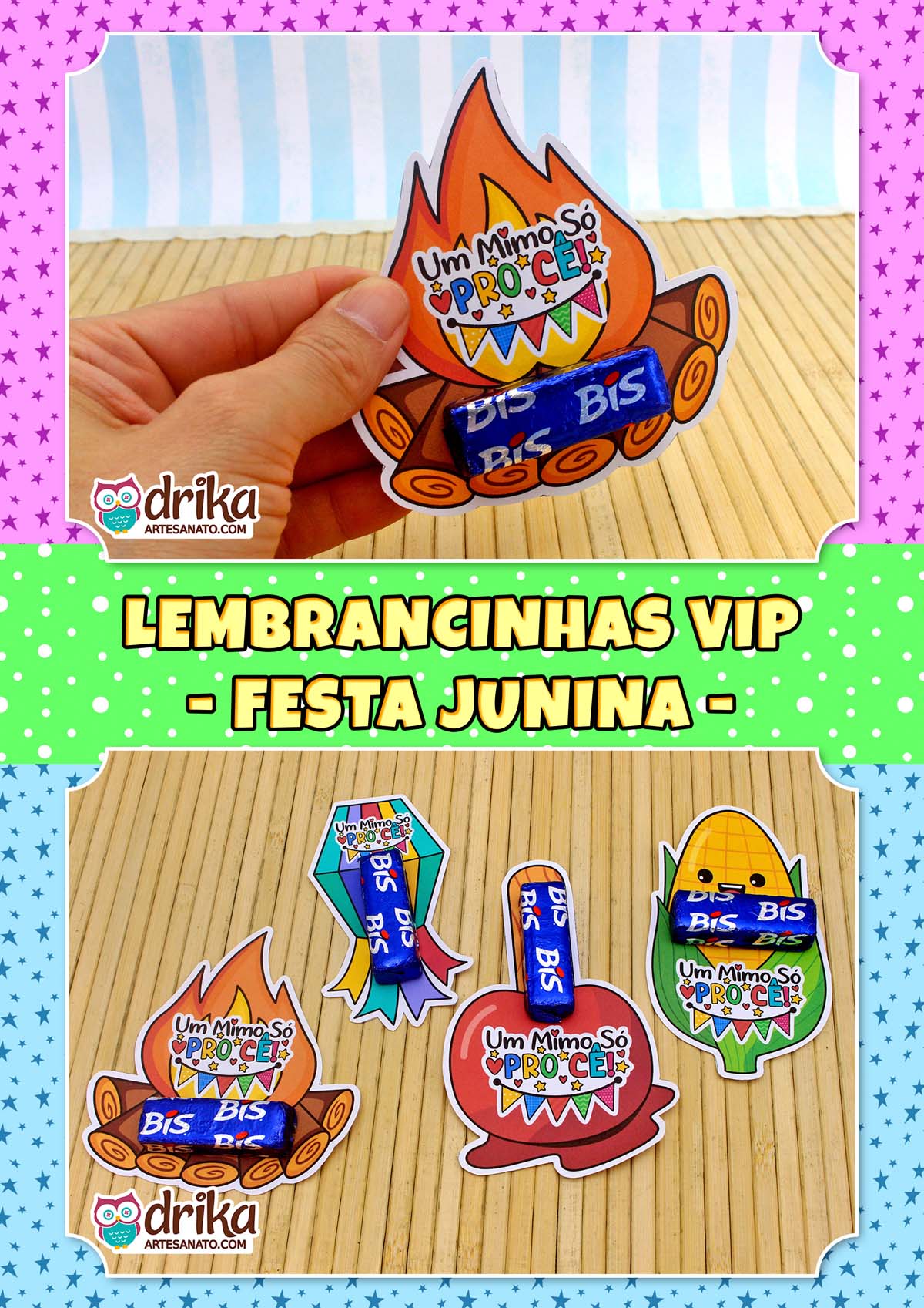 Mão segurando porta-bis de fogueira e abaixo uma composição com quatro modelos de lembrancinhas juninas