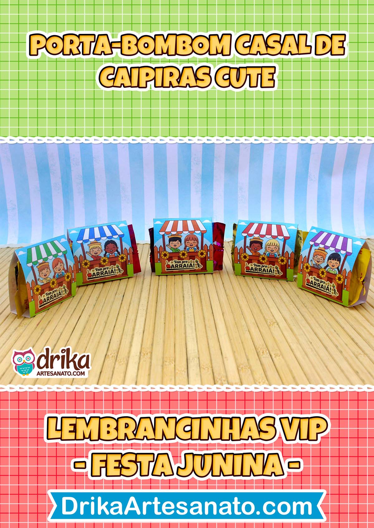 Cinco porta-bombons de caipiras cute com casais variados em barraquinhas de girassóis, em fundo verde listrado