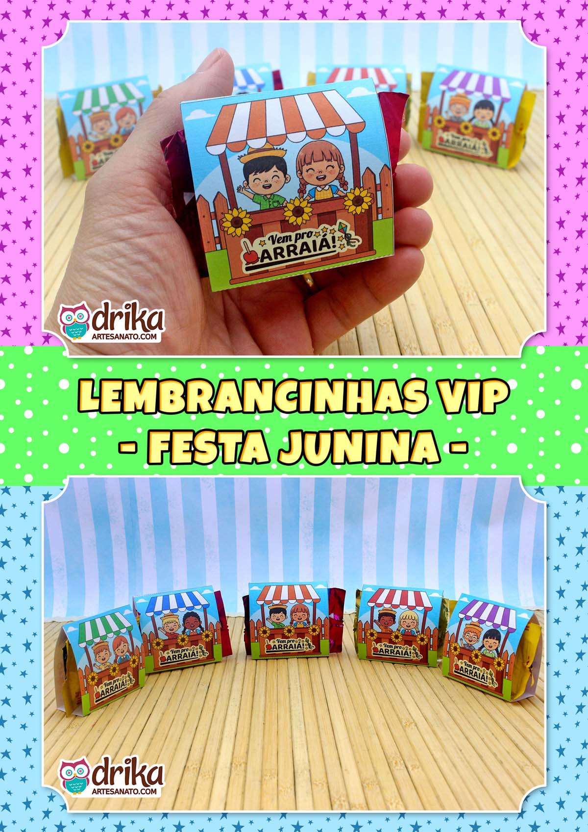 Mão segurando um porta-bombom de caipiras cute com casal de cabelo crespo em barraquinha de girassóis