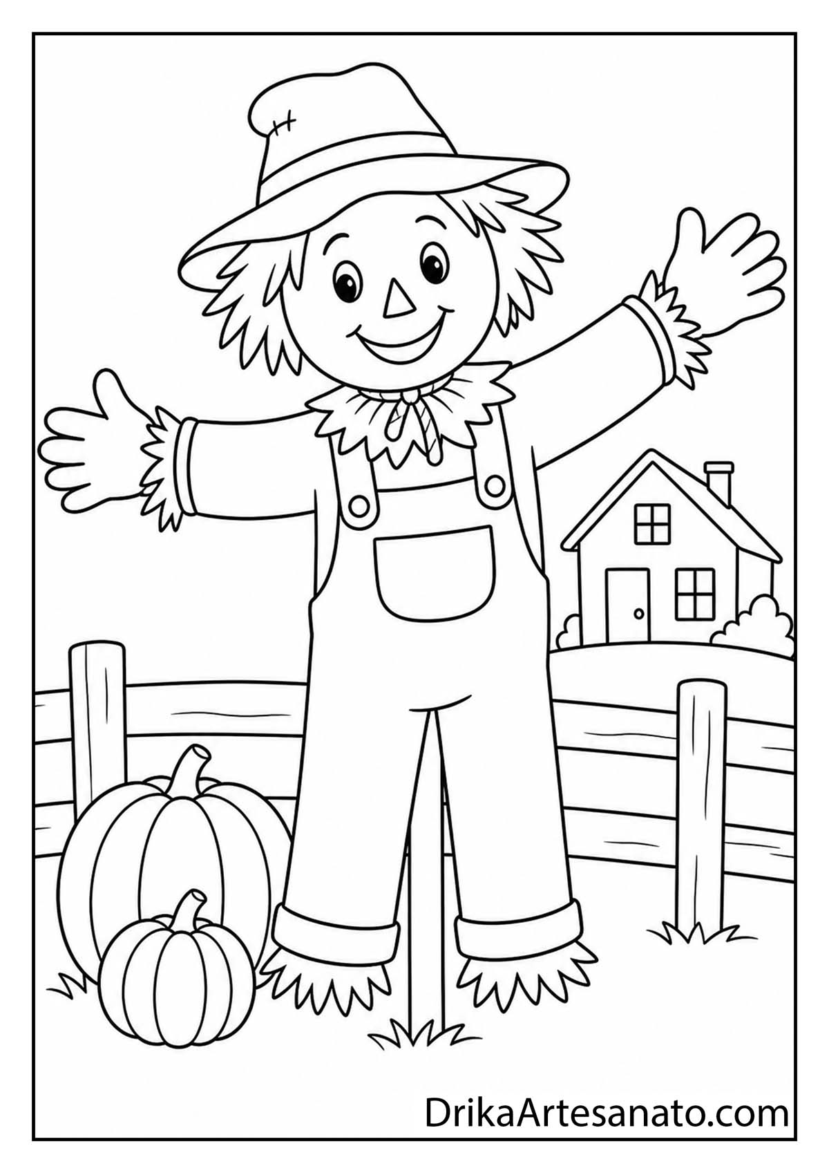 Cute cartoon scarecrow waving in a pumpkin field near a farmhouse coloring page with bold outlines