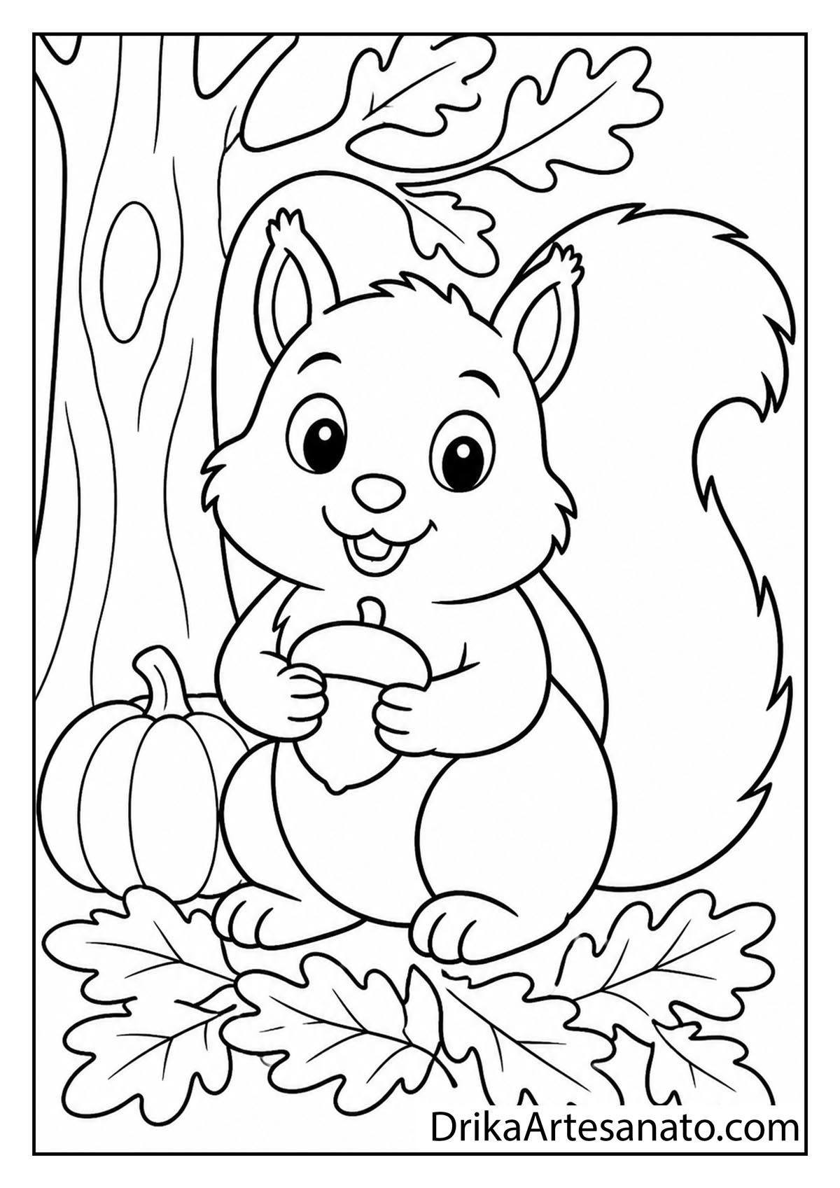 Cute cartoon squirrel holding an acorn near an oak tree and pumpkin coloring page