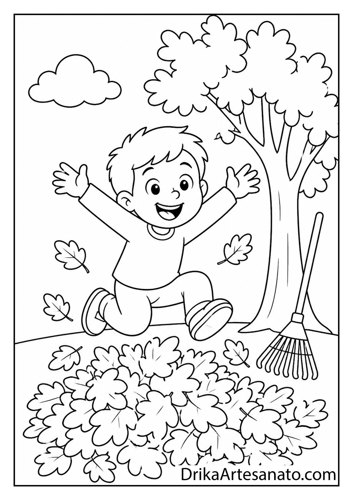 Boy happily jumping into a pile of autumn leaves with an oak tree and rake coloring page
