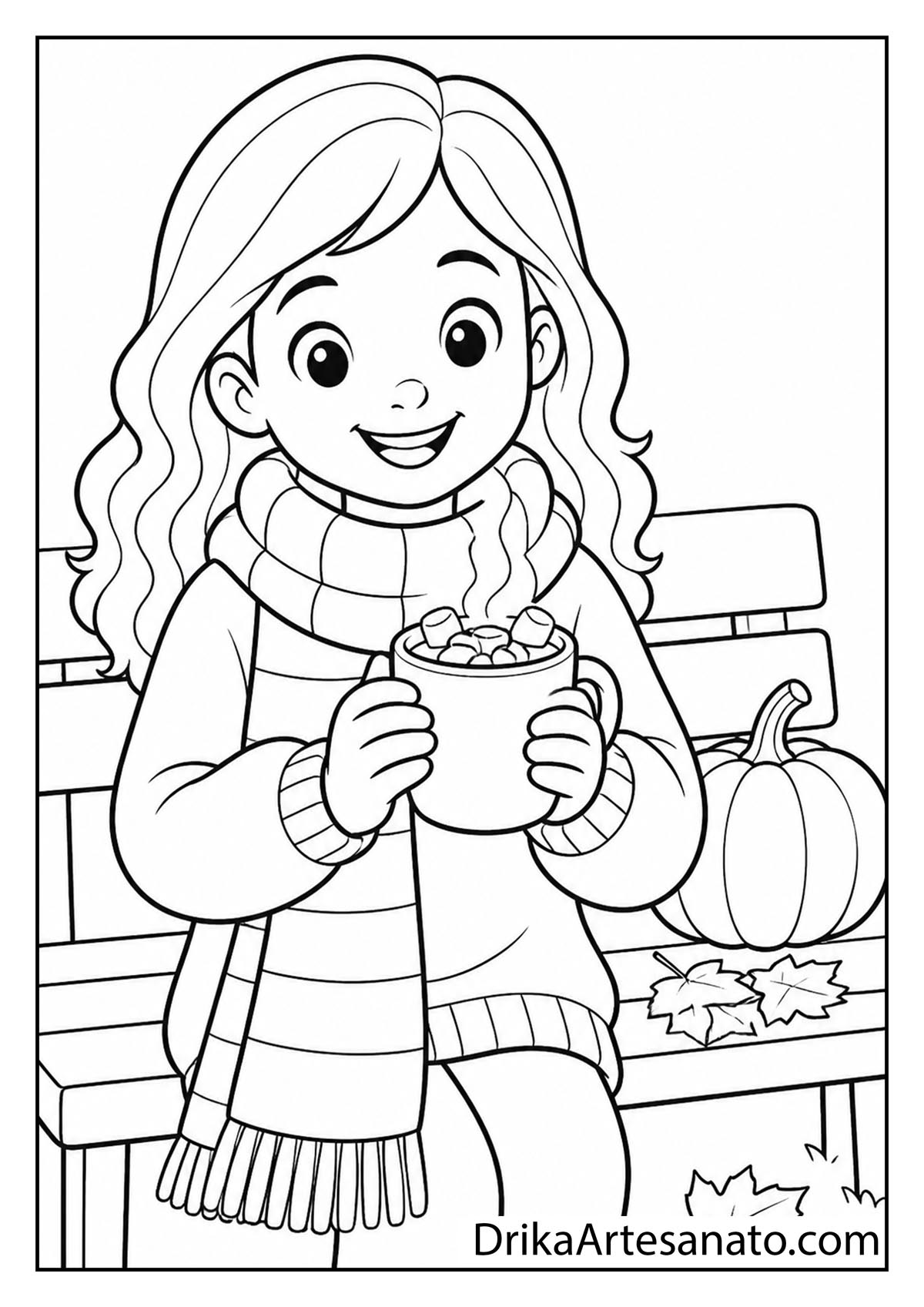 Cute cartoon girl sitting on a park bench holding a mug of hot cocoa with scarf and sweater coloring page