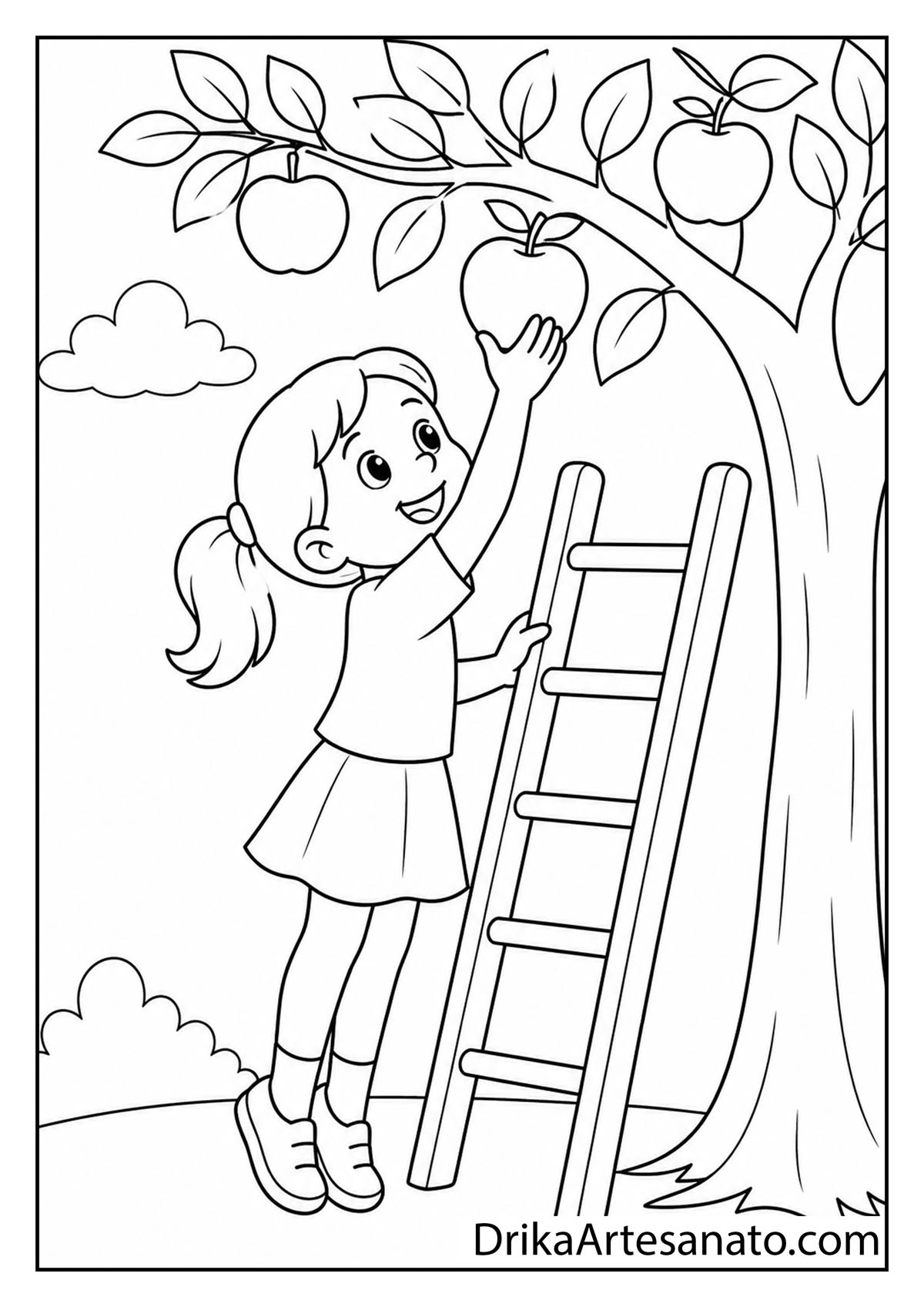 Girl standing next to a ladder reaching for a fresh apple on a tree branch coloring page for kids