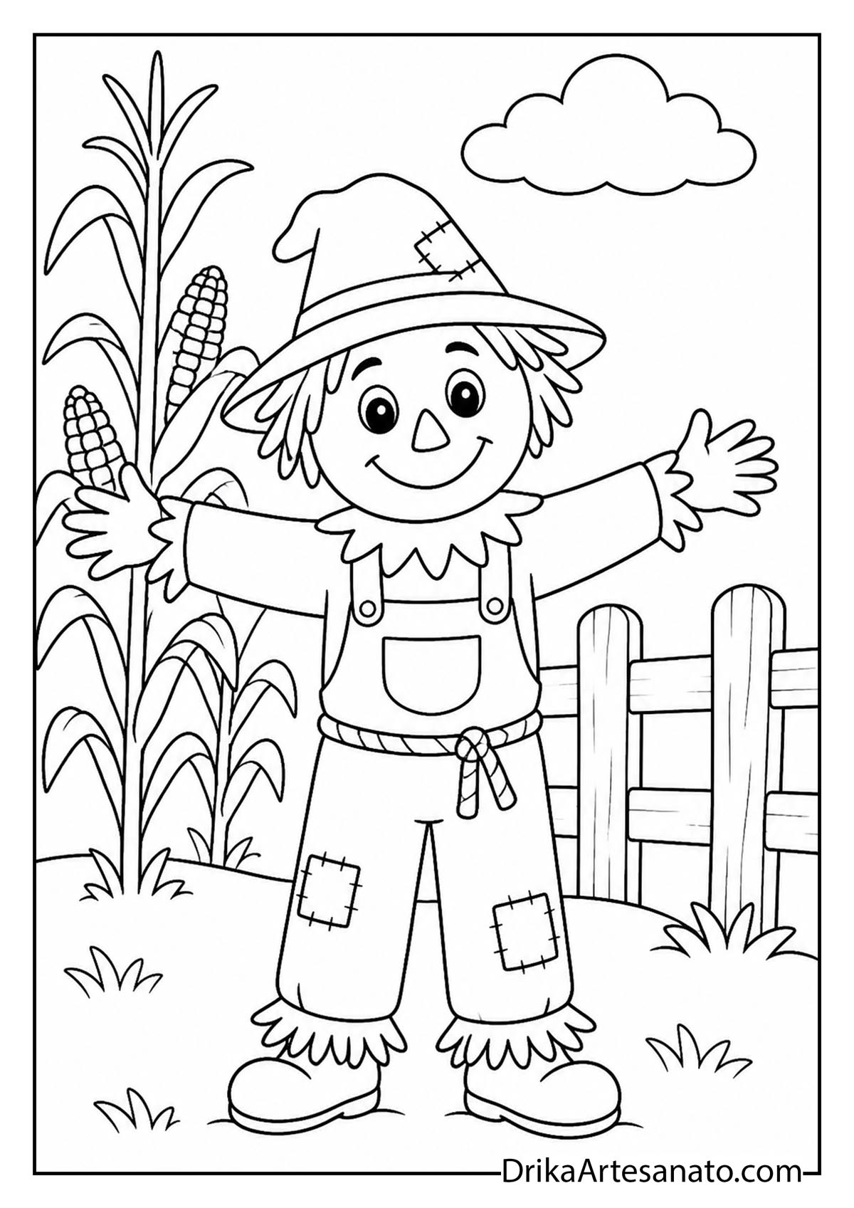 Cute cartoon scarecrow with open arms standing near cornstalks coloring page