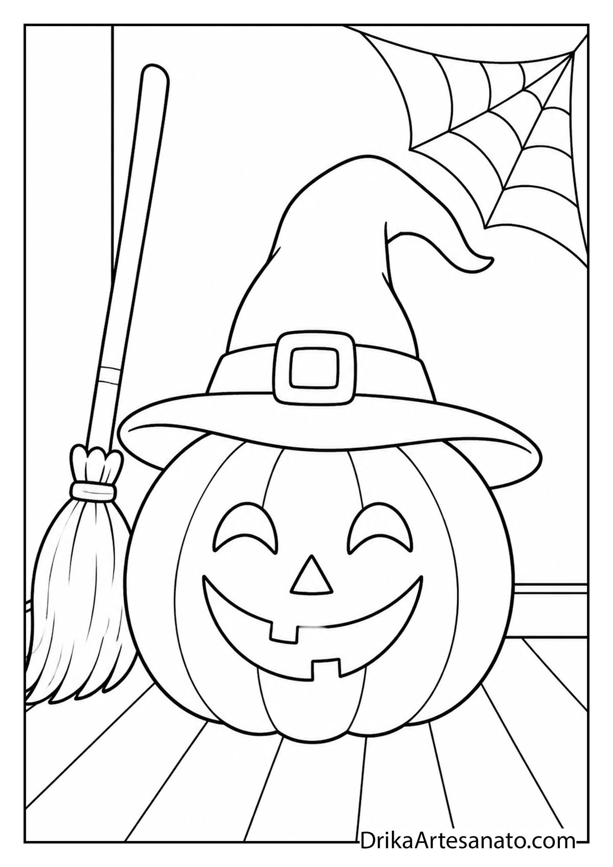 Smiling jack-o-lantern wearing a witch hat next to a broom and spider web coloring page