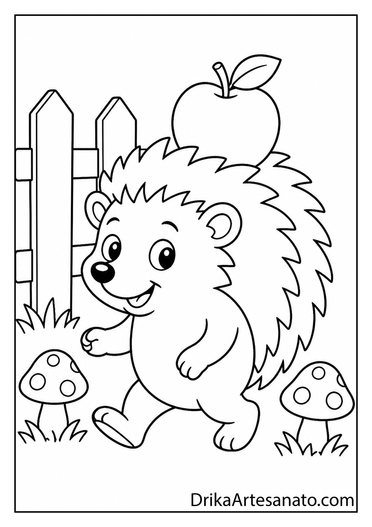 Cute hedgehog carrying an apple on its back by mushrooms printable coloring sheet