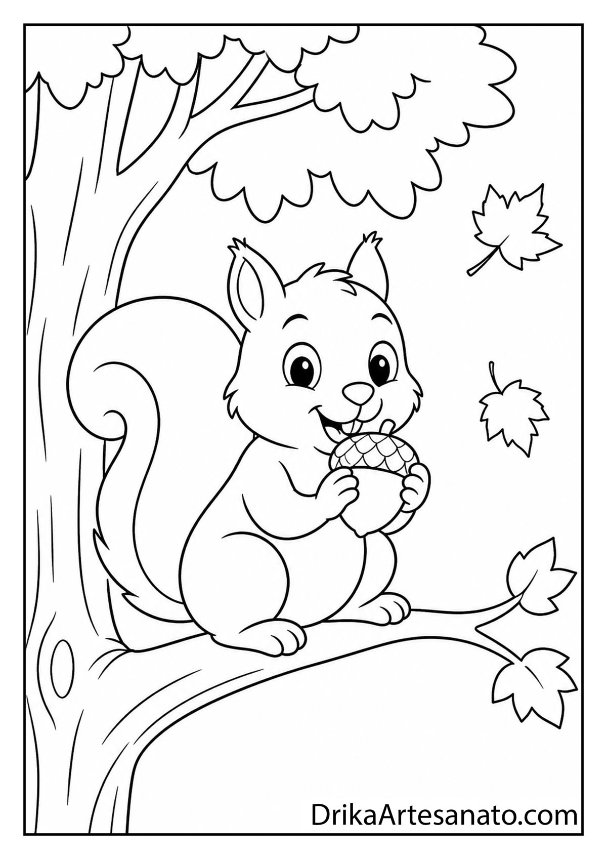Cute squirrel sitting on a tree branch eating an acorn fall coloring page for kids