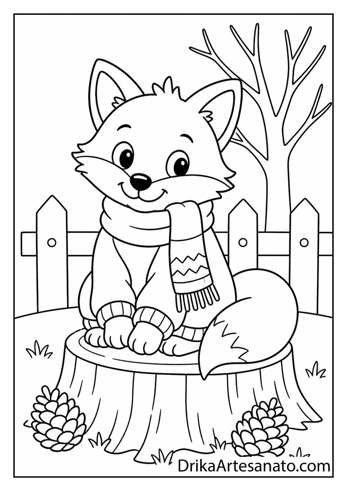 Little cartoon fox wearing a knitted sweater and scarf sitting on a tree stump line art coloring sheet