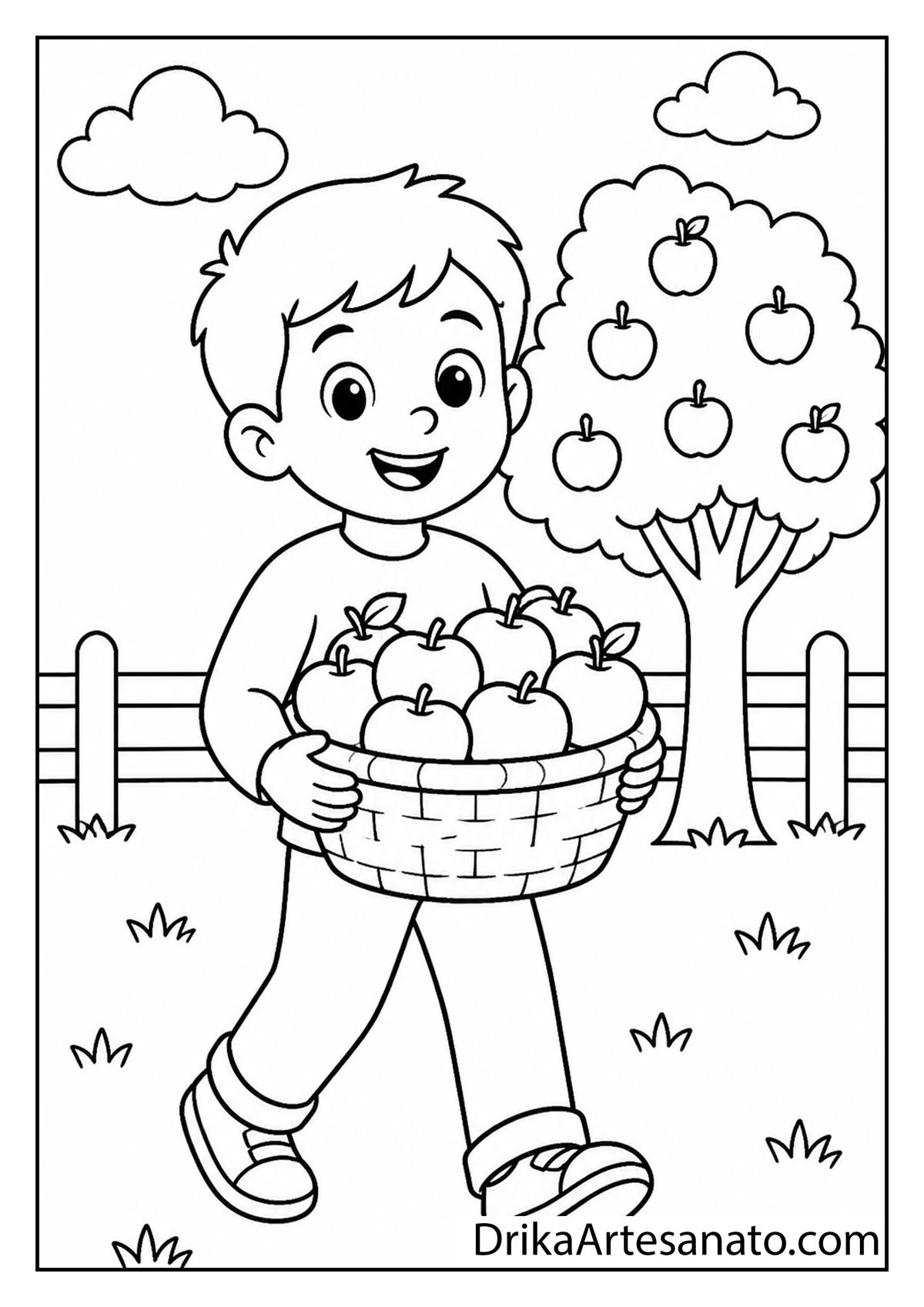 Happy young boy carrying a full basket of freshly picked apples in an orchard coloring sheet