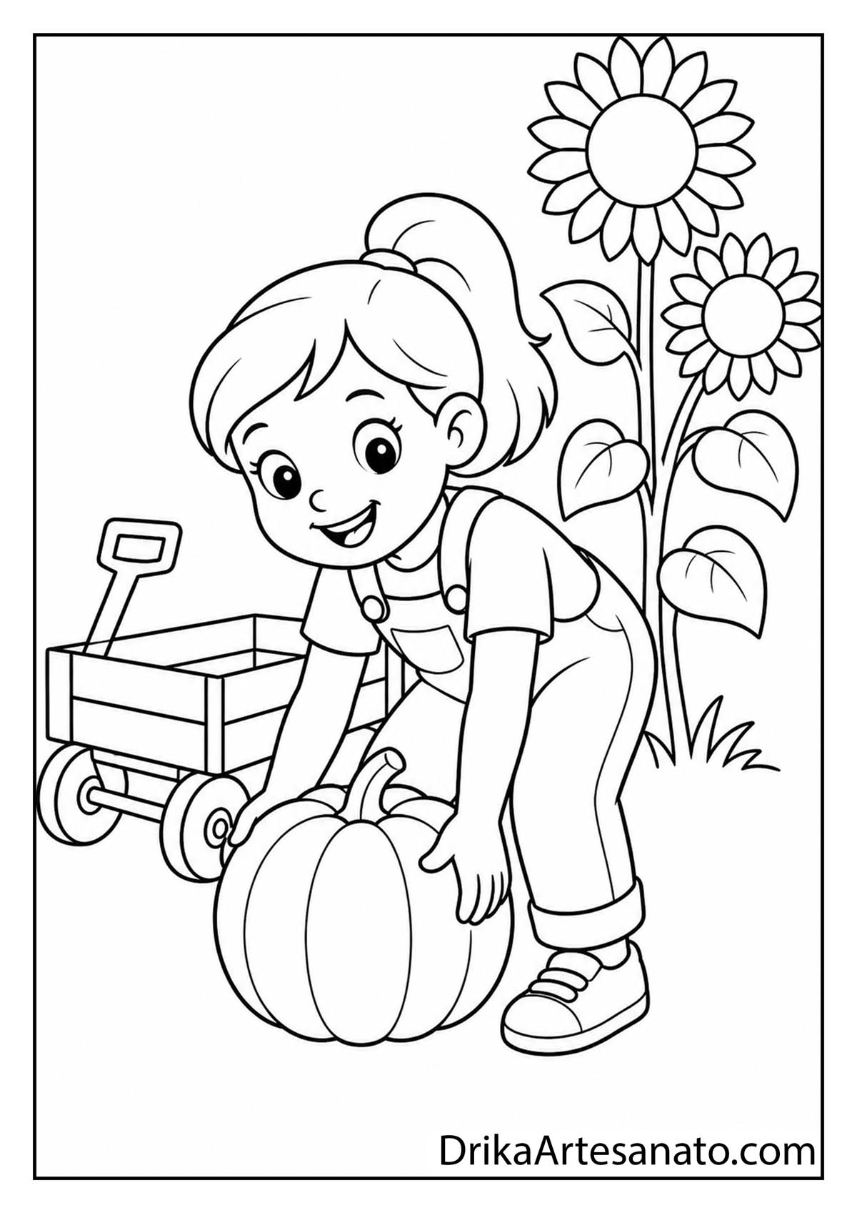 Little girl picking a big pumpkin next to a wagon and sunflowers black and white coloring sheet