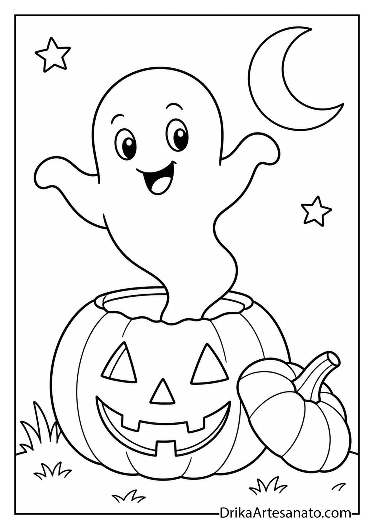 Cute friendly ghost floating out of a carved jack-o-lantern under the moon coloring sheet