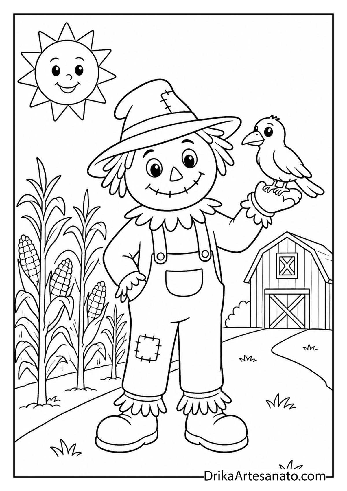 Friendly scarecrow holding a small bird on his hand under a smiling sun coloring page