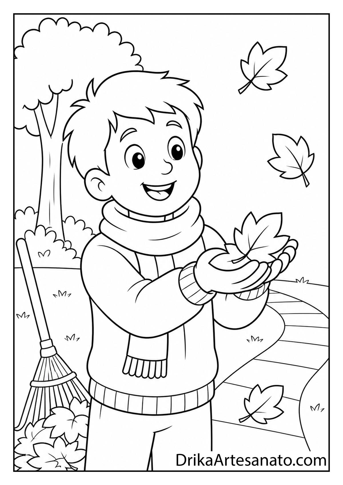 Smiling cartoon boy in a sweater and scarf catching falling autumn leaves printable coloring sheet