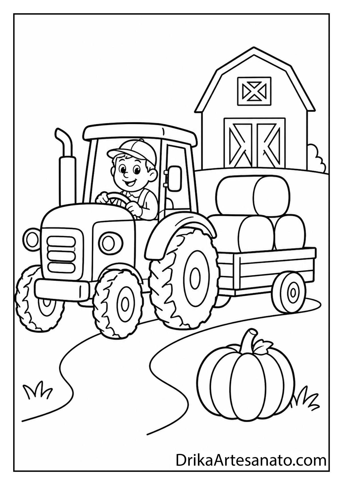 Happy boy driving a farm tractor with a hay trailer past a pumpkin coloring page