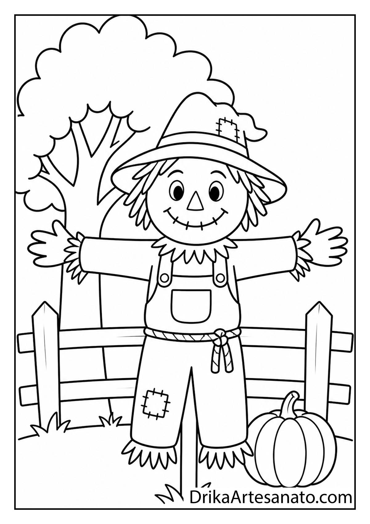 Friendly cartoon scarecrow standing near a pumpkin and fence autumn coloring page