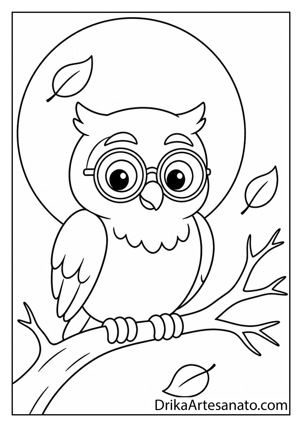 Cute owl with round glasses perched on a branch under a full moon coloring page