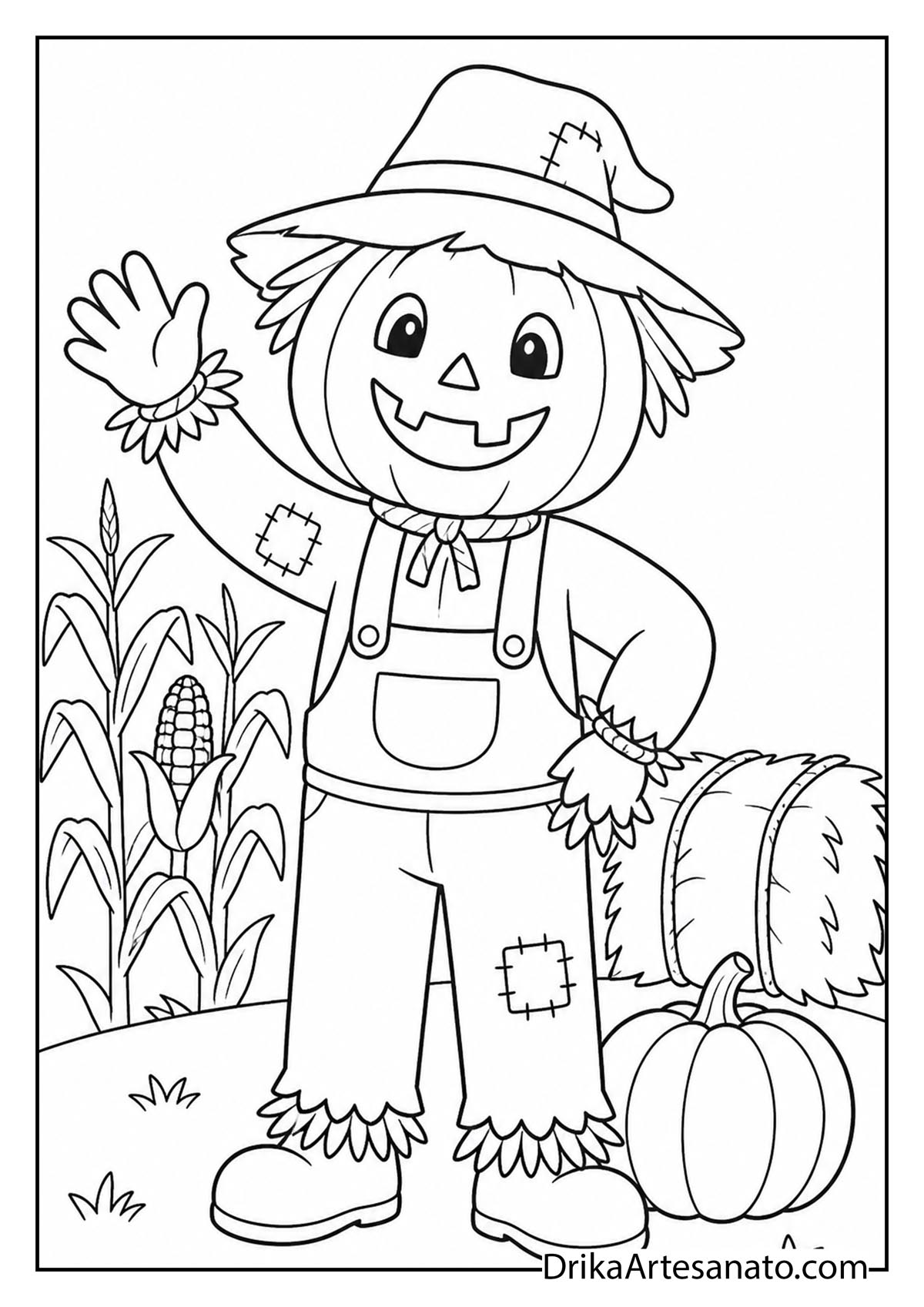 Pumpkin head scarecrow waving near a hay bale and cornfield coloring sheet