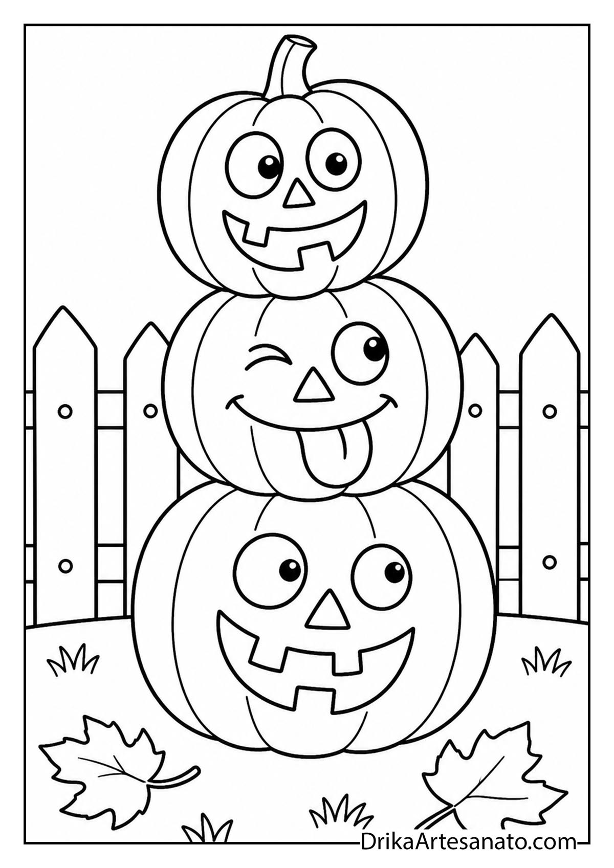 Stack of three silly carved pumpkins by a wooden fence printable coloring page