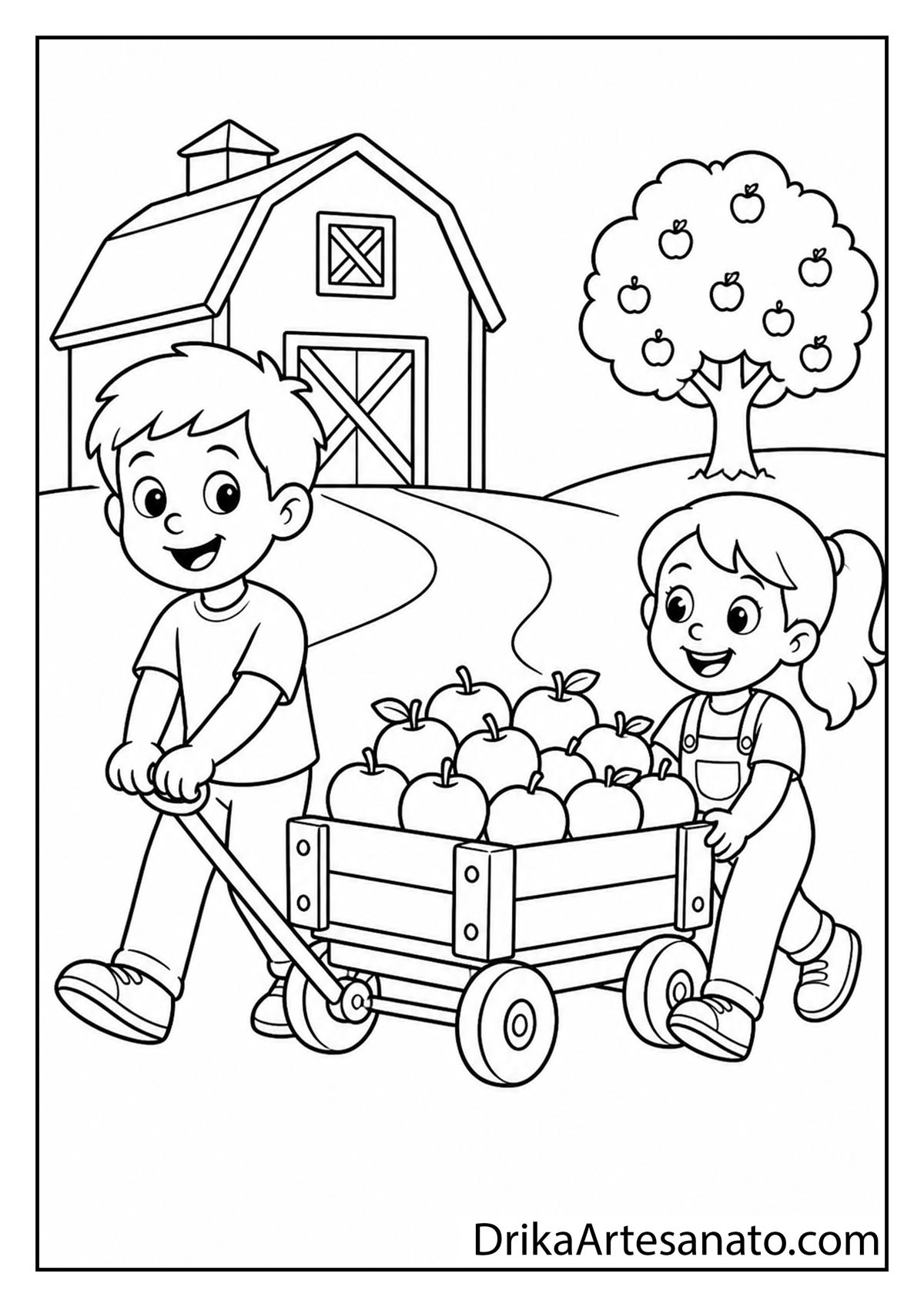 Boy and girl pulling a wooden wagon filled with apples past a red barn coloring page