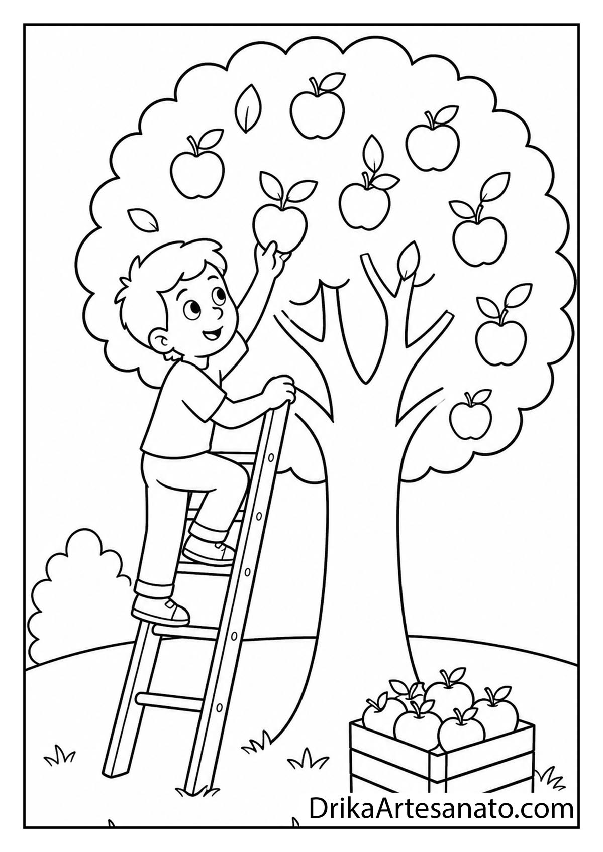 Boy climbing a wooden ladder to pick apples from a full orchard tree coloring printable
