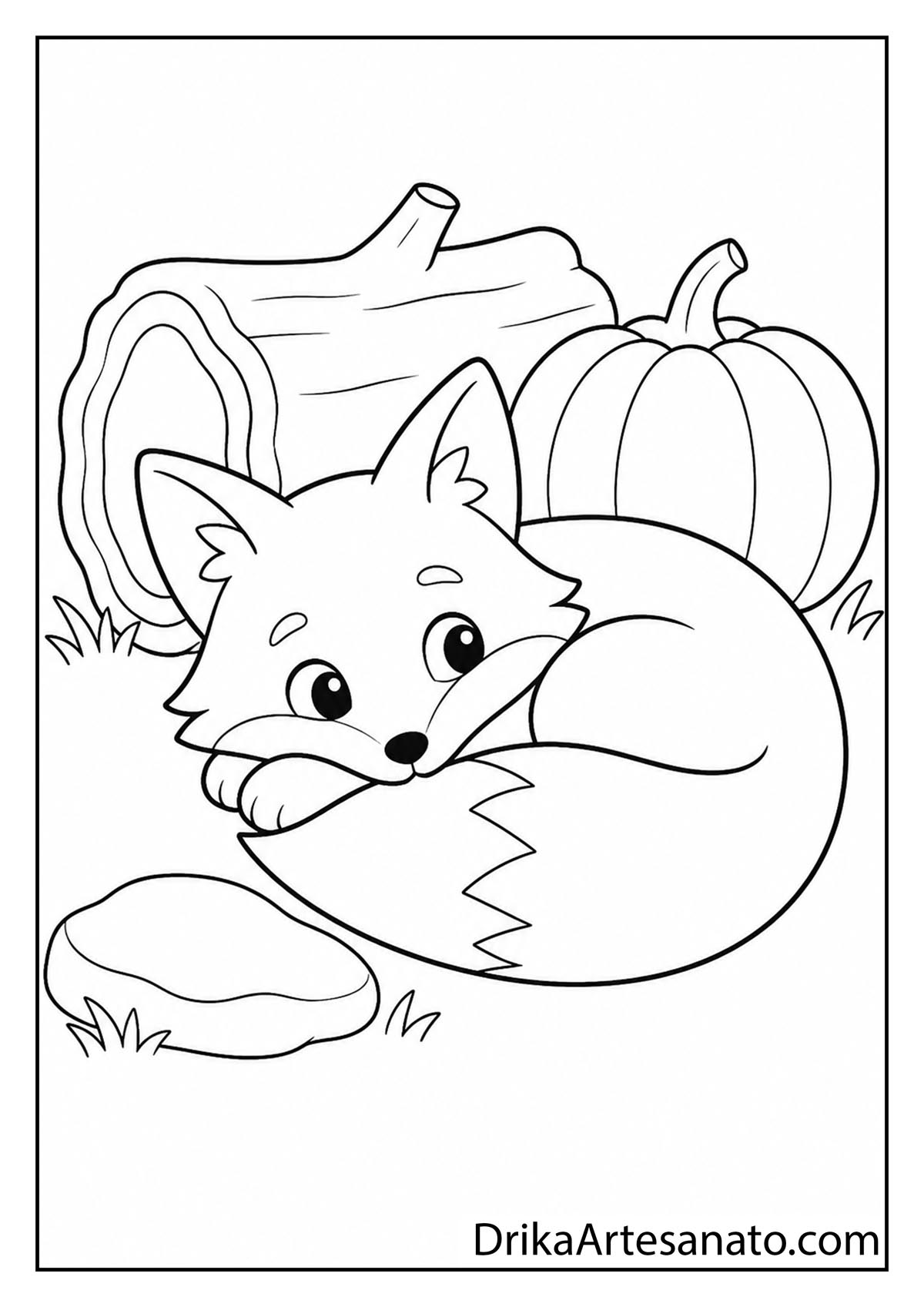 Sleeping cartoon fox curled up beside a hollow log and pumpkin coloring page