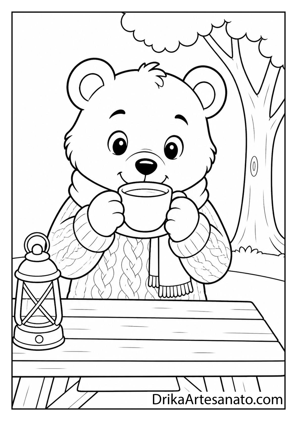 Cute cartoon bear in a cable knit sweater holding a warm tea cup at a table coloring page for kids