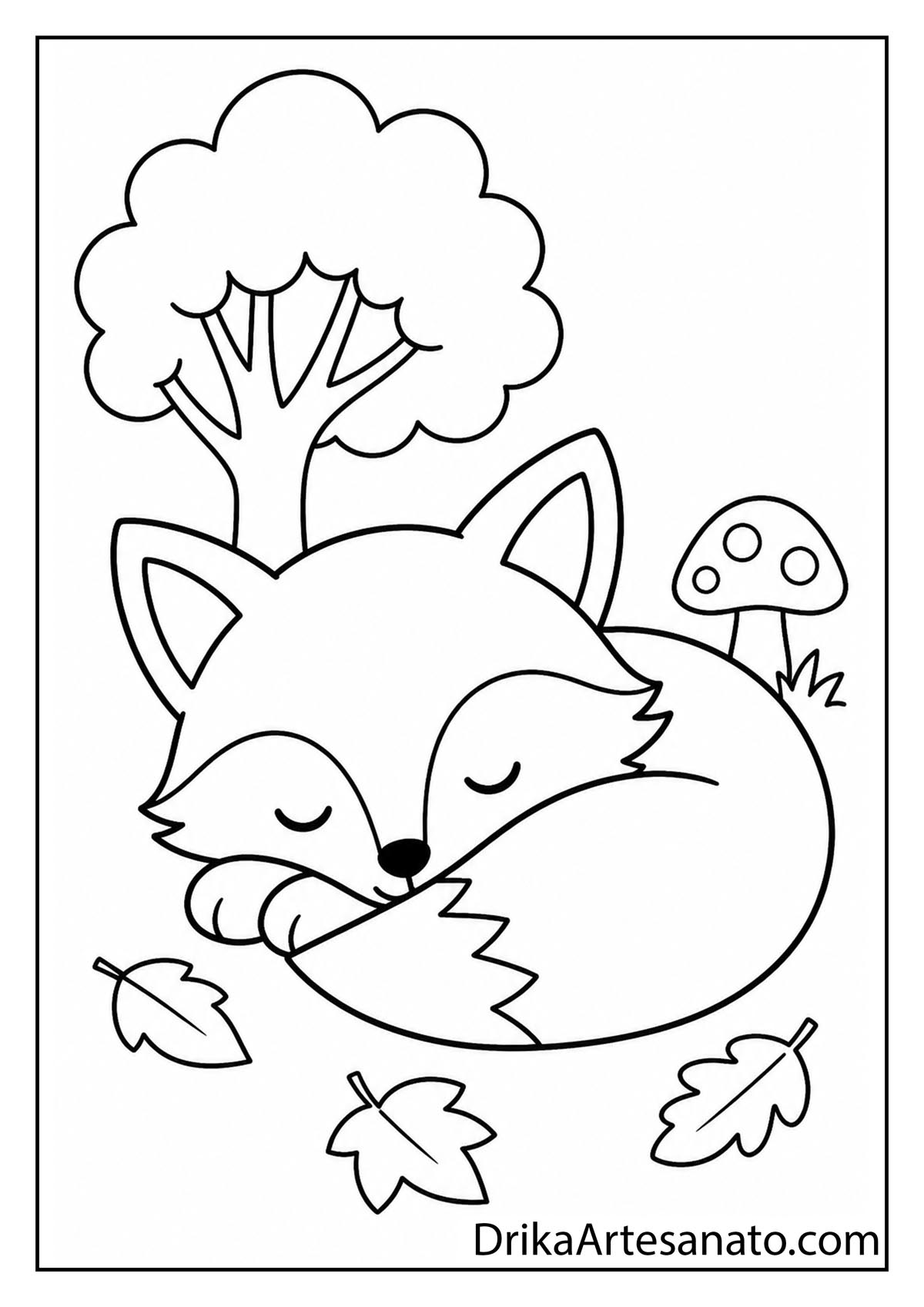 Cute sleeping fox curled up on the ground surrounded by fall leaves coloring page