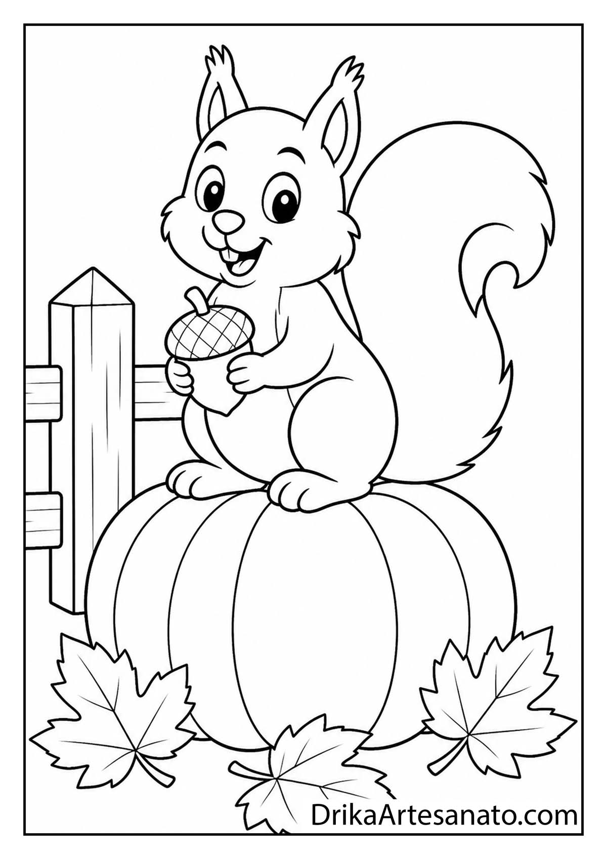 Cute cartoon squirrel holding an acorn while sitting on a pumpkin coloring page